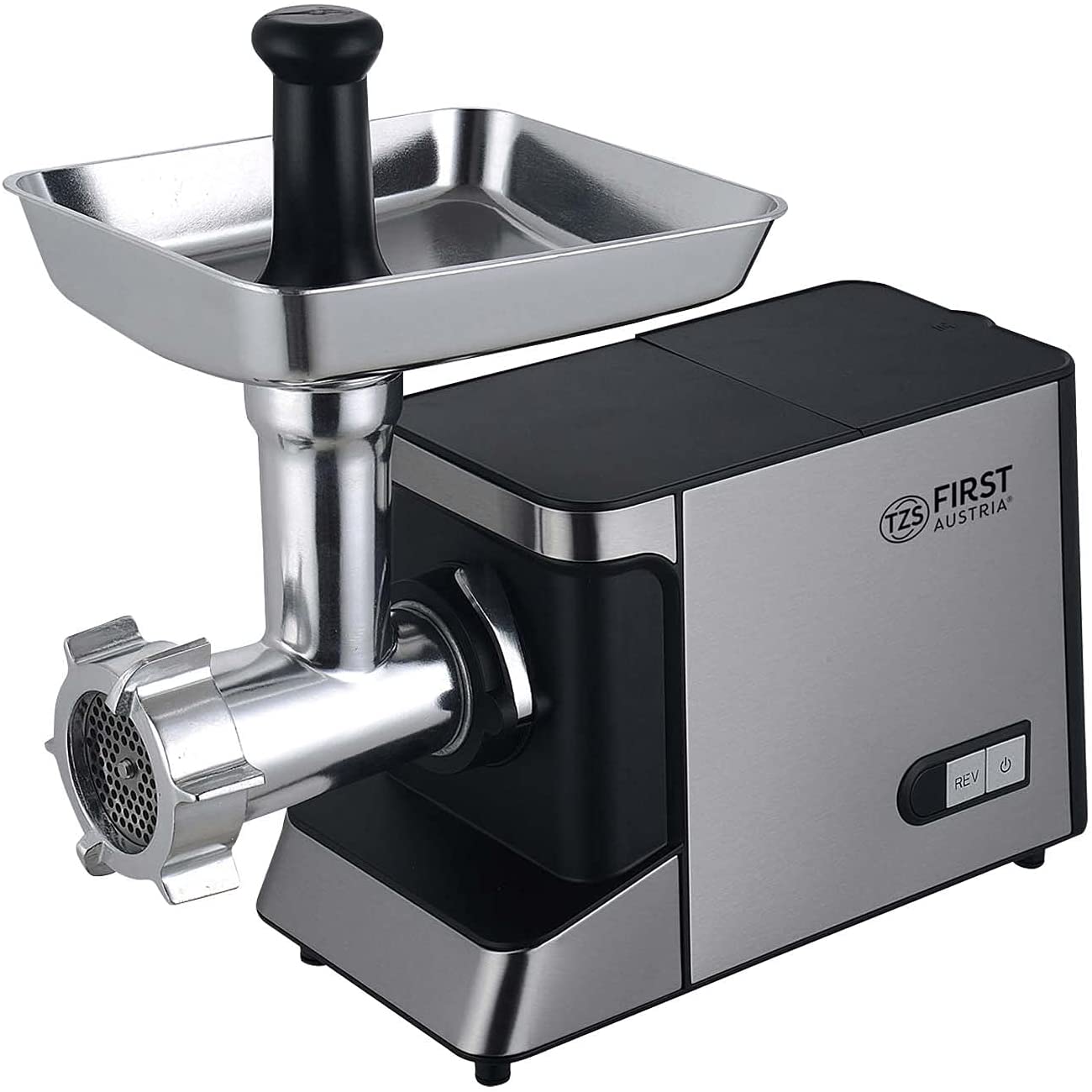 TZS First Austria 1800 Watt Electric Meat Mincer with Sausage Attachment, 3 Perforated Discs, 2 Sausage Attachments, Kibbe Attachment for Stuffed Meatballs, Stainless Steel Cutting Knife with 4 Blades