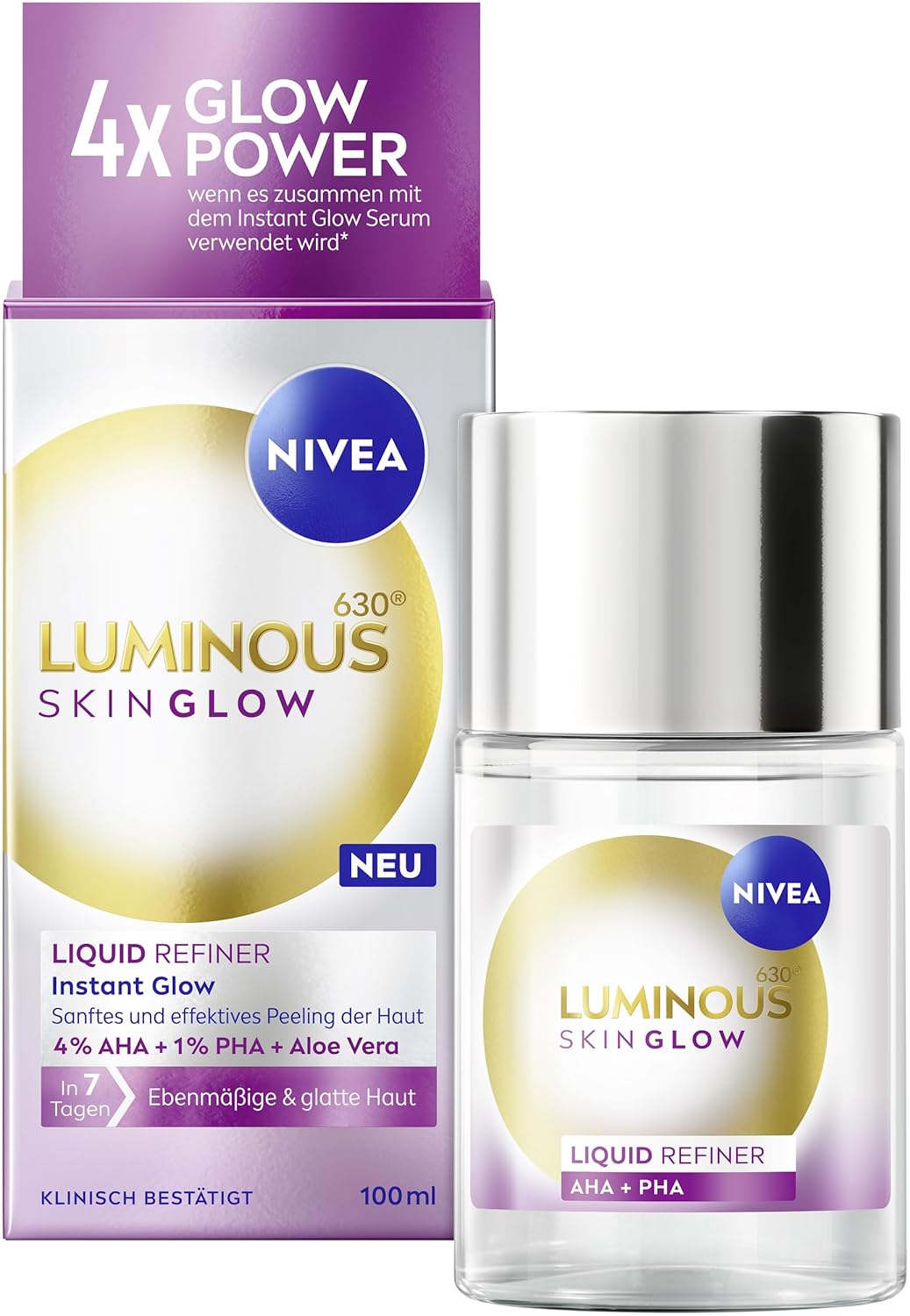 NIVEA LUMINOUS630 Skin Glow Liquid Refiner, Gentle and Effective AHA Exfoliating for Even and Smooth Skin, Pore Refining Face Care with 4% AHA, 1% PHA and Aloe Vera (100 ml)