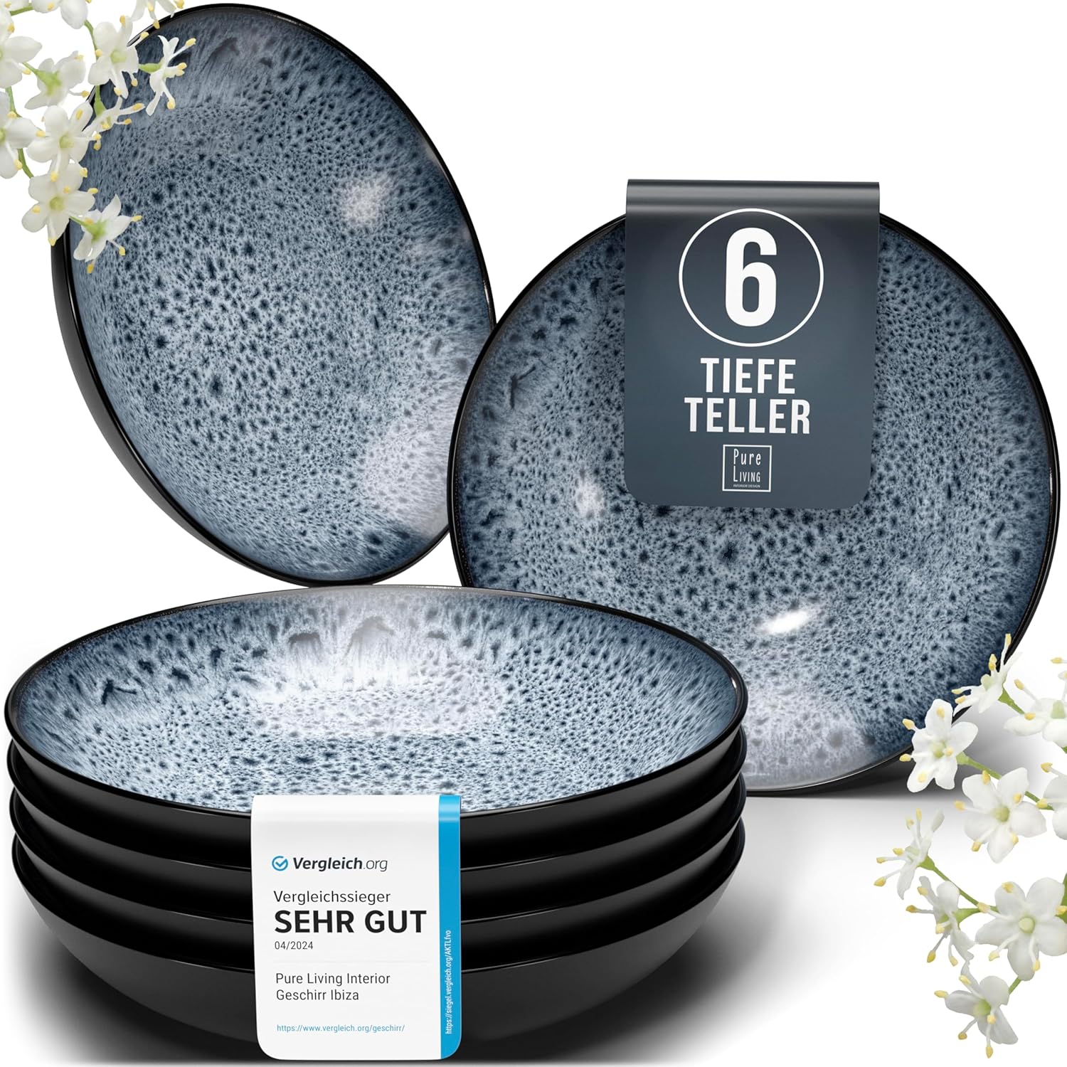 Pure Living Ibiza Stoneware Soup Plates for 6 People, Mediterranean Deep Plate Set, ‘Very Good’ in Test, Scratch-Resistant, Dishwasher/Microwave-Safe, Deep Large Pasta Plate, Tableware in Smoke Blue