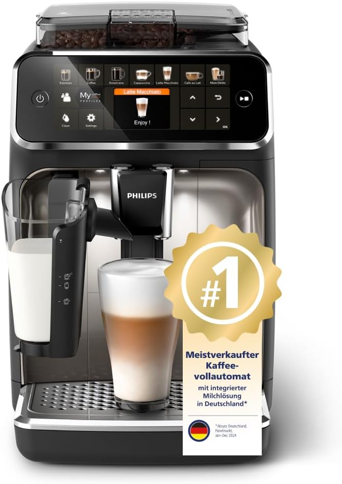 Philips Series 5400 Fully Automatic Coffee Machine - LatteGo Milk System, 12 Coffee Specialties, Intuitive Display, 4 User Profiles, Chrome (EP5447/90)