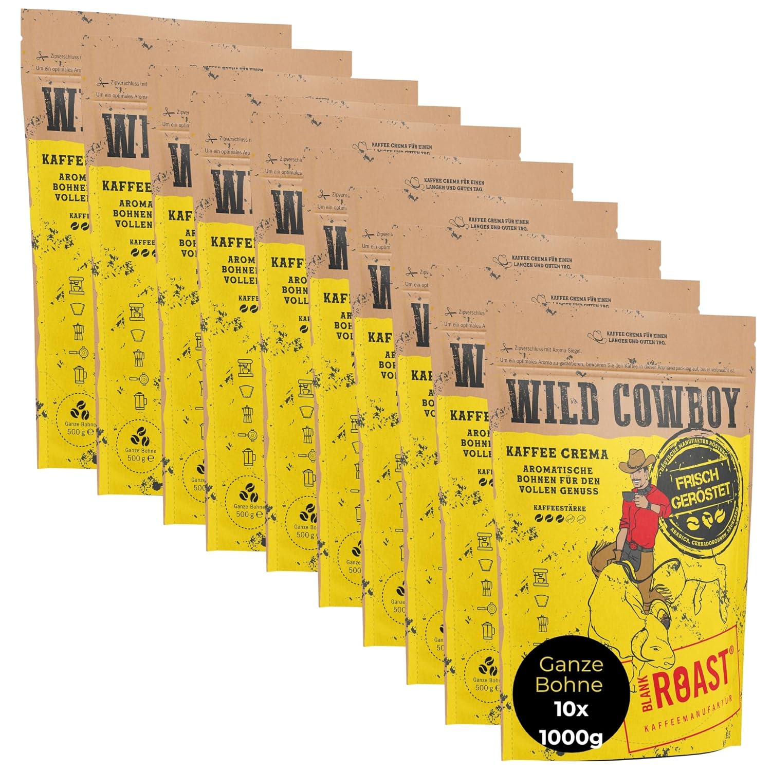 BLANK ROAST Wild Cowboy Crema - Whole Coffee Beans - 100% Arabica Coffee - Gently Roasted with Hickory Wood - Low Acid (10 x 1000 g)