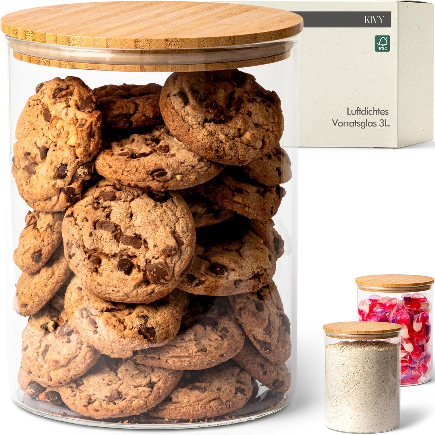 KIVY Large Storage Jar Airtight 3L - For Flour, Biscuits, Sweets, Detergent Storage Glass - Flour Storage Jar - Container for Washing Powder Storage Box - XXL Cookie Jar