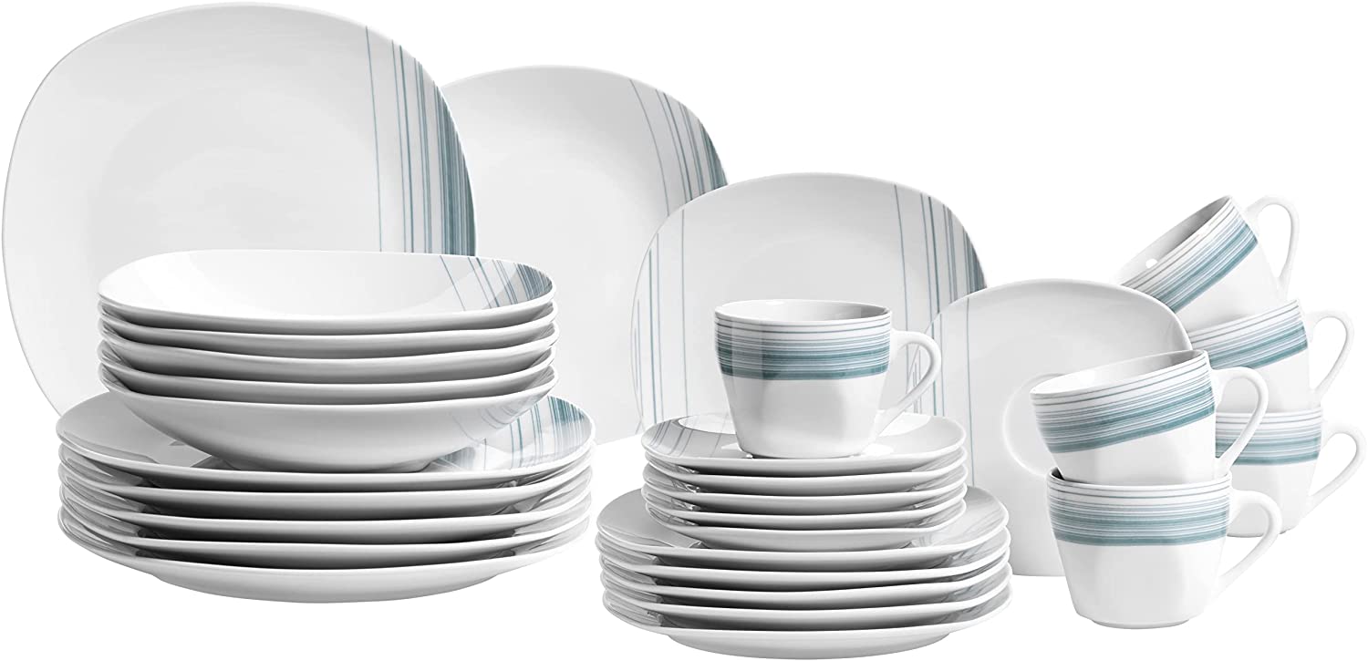 Maser Mäser Series Enni 931211 Crockery Set, 30 Pieces, White Porcelain Set with Blue Pattern