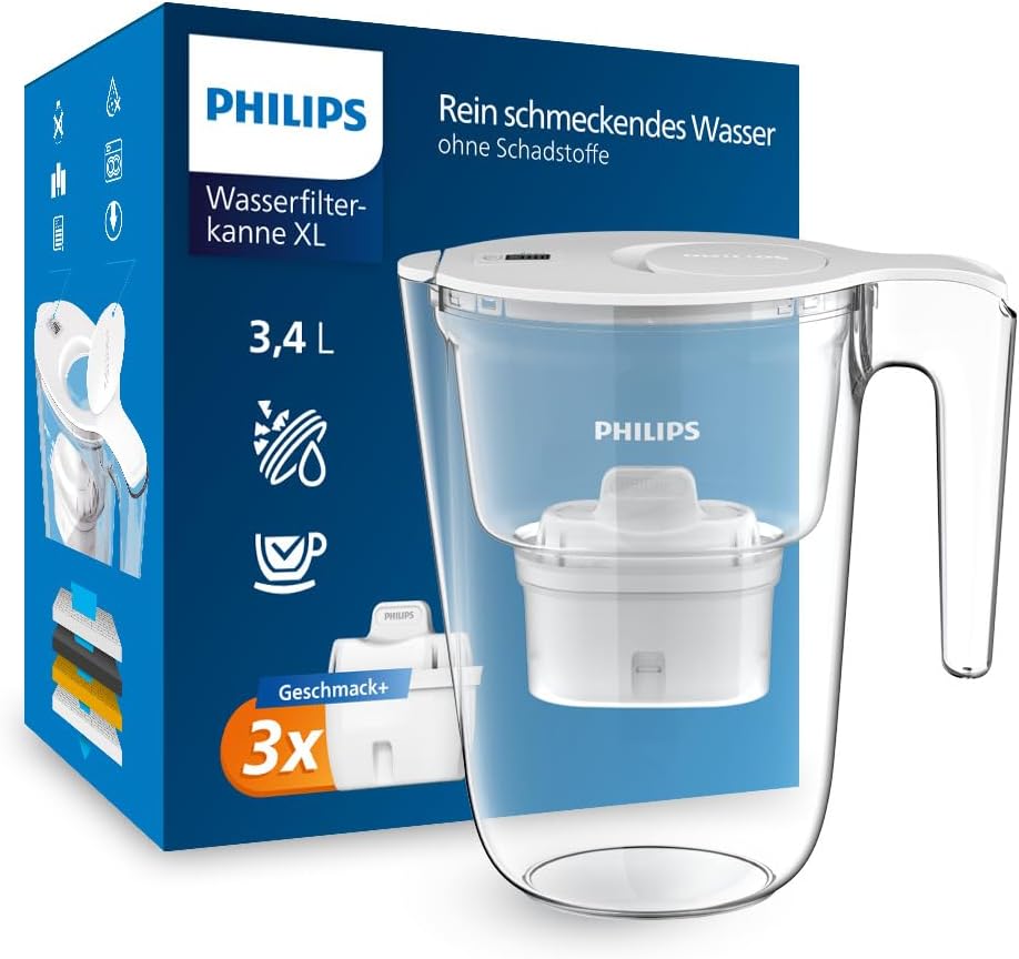 Philips XL Water Filter Jug + 3 Flavors + Replacement Filter Cartridges, Fast Water Flow, White, 3.4 Liters, Electronic Timer