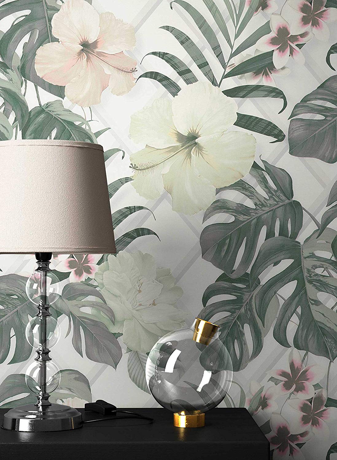 Newroom Design Newroom Flower Wallpaper White Flowers Leaves Floral Non-Woven Wallpaper Gr