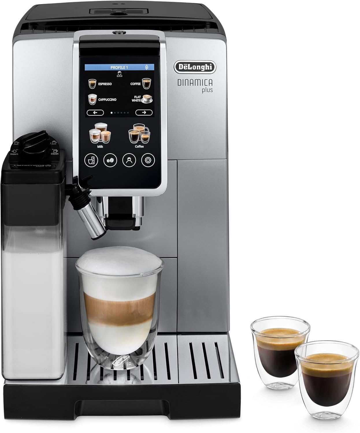 De\'Longhi Dinamica Plus ECAM380.85.SB, Automatic Coffee Bean Machine, Fully Automatic Coffee Machine with LatteCrema Hot, Bean-to-Cup Coffee Machine with 24 Recipes, TFT 3.5 Inches, Silver/Black