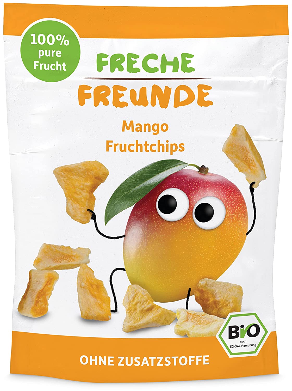 FRECHE FREUNDE Bio Fruchtchips \"100% Mango\", gefriergetrocknete Obst Chips Mango, ohne Zuckerzusatz, vegan, laktosefrei und glutenfrei, 12er Pack (12 x 14g)