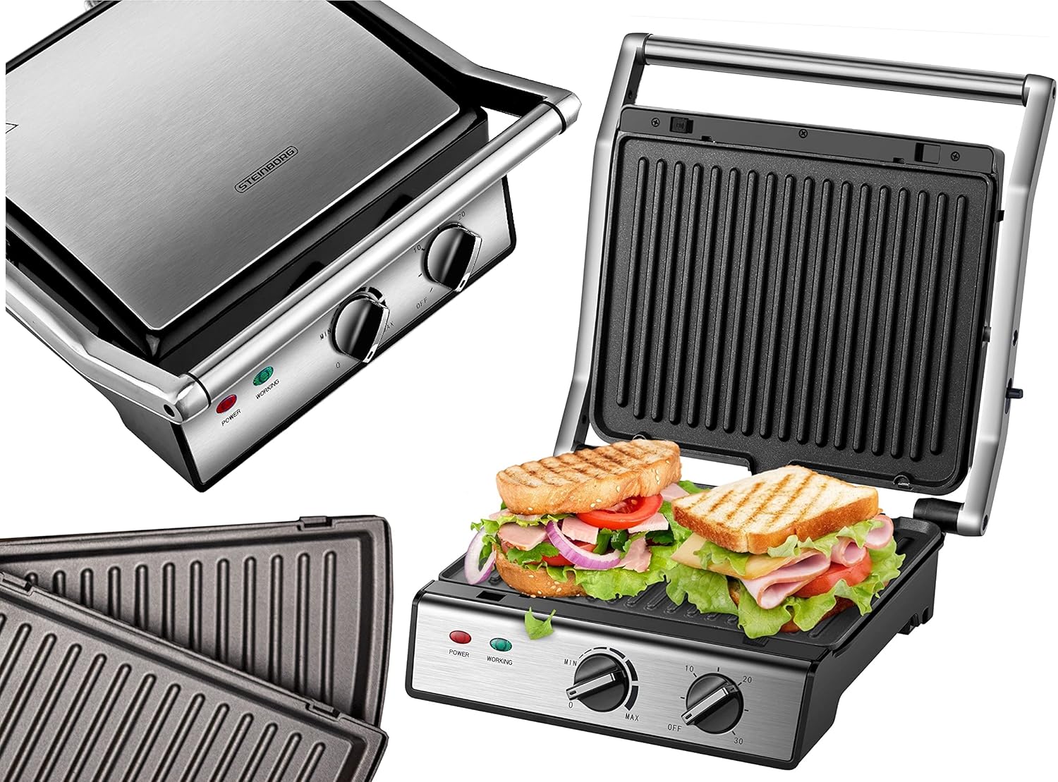 Steinborg Store XXL Contact Grill Removable Plates 30 Minute Timer Panini Toaster Sandwich Toaster Electric Table Grill Contact Grill for Sandwiches, Steak and Panini Grill Electric Grill