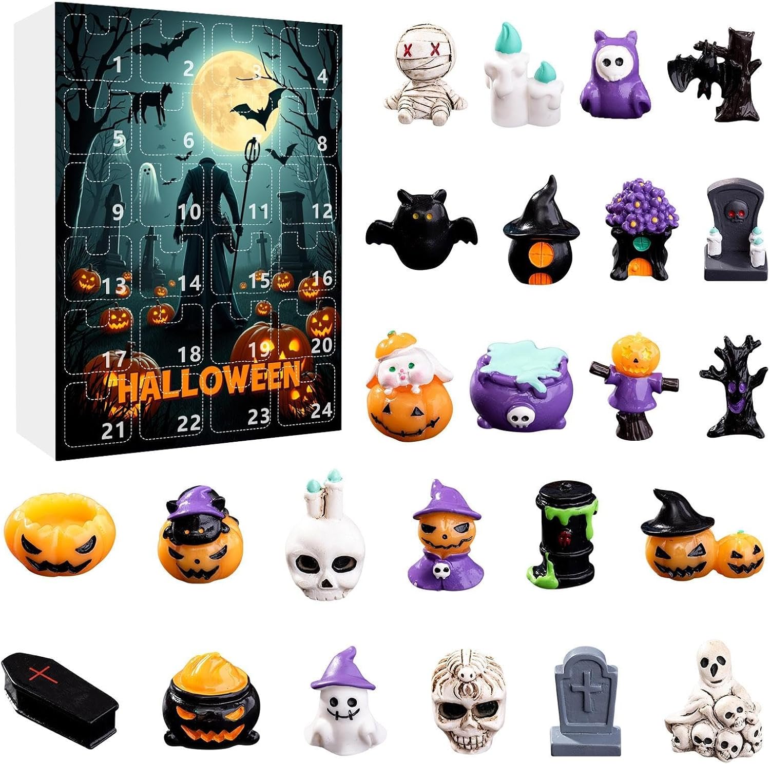 Skyrabbiter Halloween Advent Calendar 2025, 3D Spooky Village Set with 24 Figures, 24-Day Countdown Calendar, Halloween Horror Figures, Fun Surprise Gift for Kids (B)