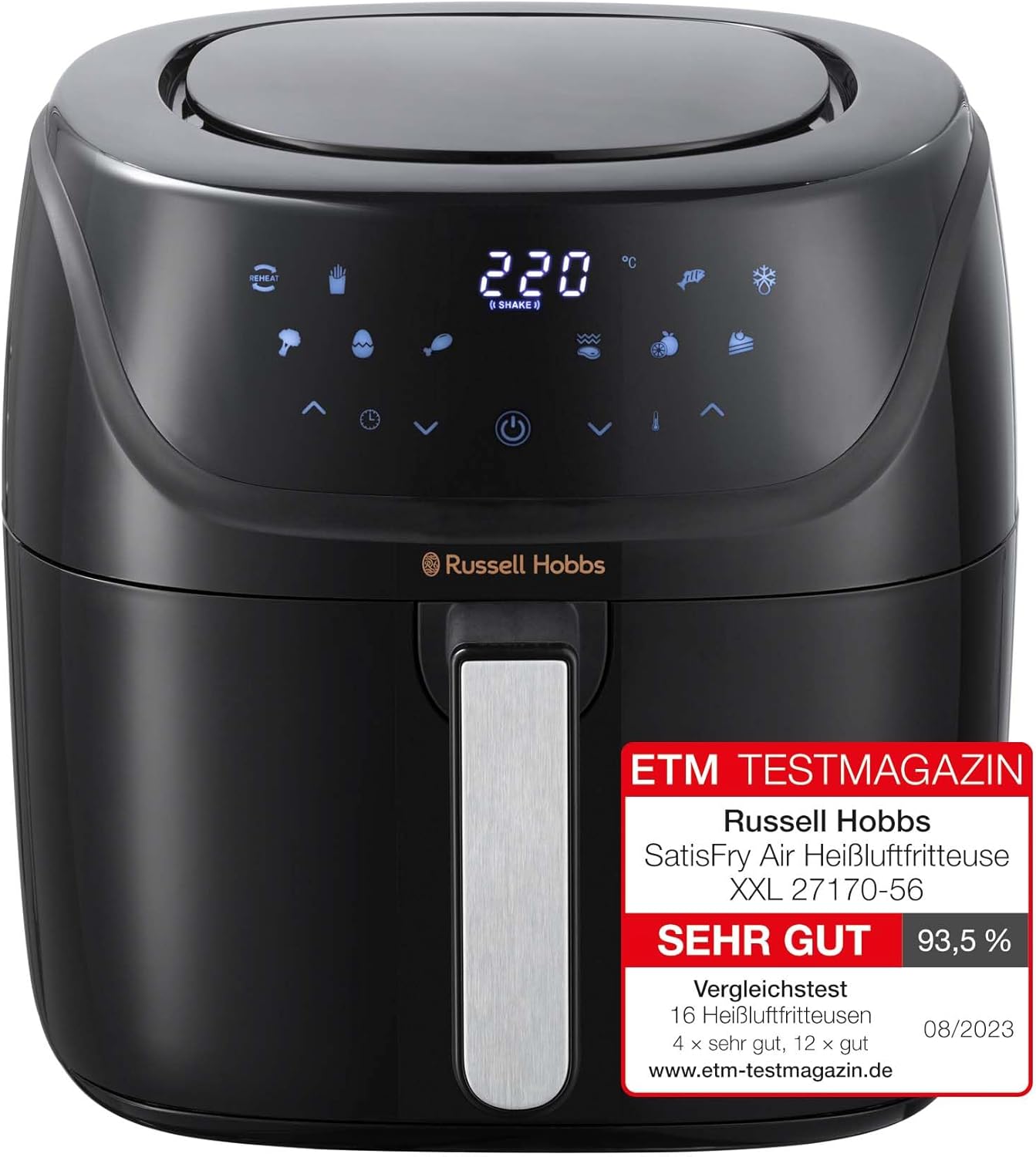 Russell Hobbs SatisFry 27170-56 Hot Air Fryer XXL 8L Rapid AirFryer Compact Housing 7 Cooking Functions 10 Programs Dishwasher Safe Max 220 °C Fryer without Oil, Grilling, Baking, Roasting