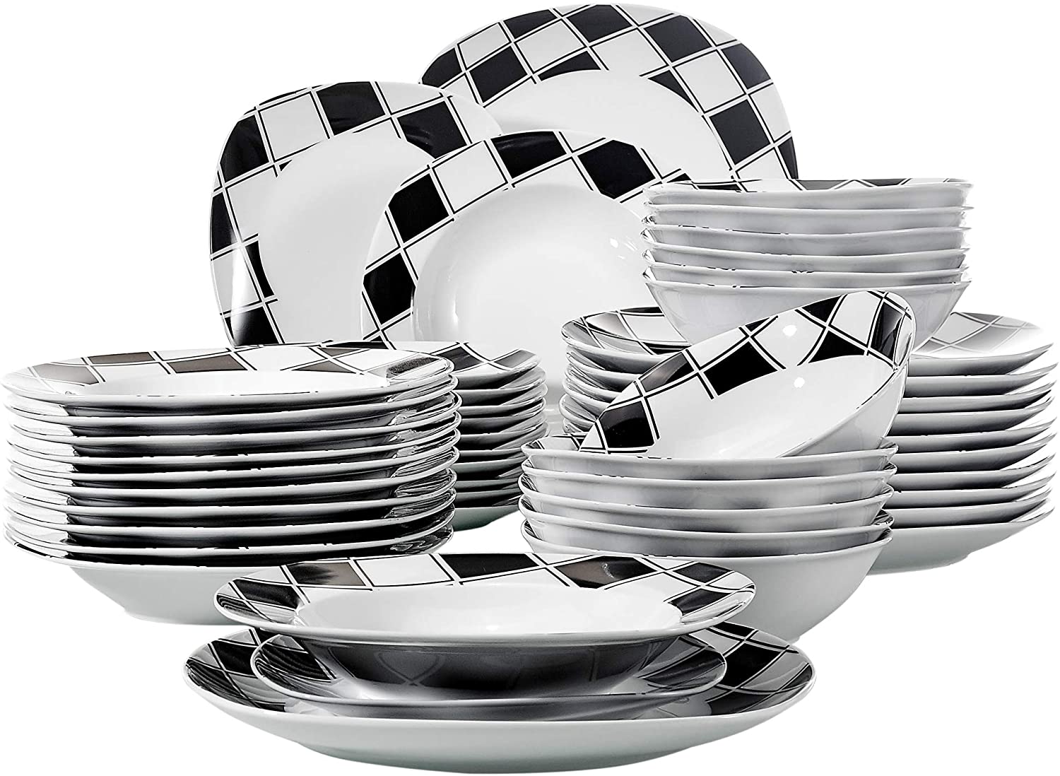 VEWEET Nicole Dinner Service 48 Pieces Porcelain Crockery Set Including Cereal Bowls, Dessert Plates, Dinner Plates and Soup Plates, Crockery Service for 12 People