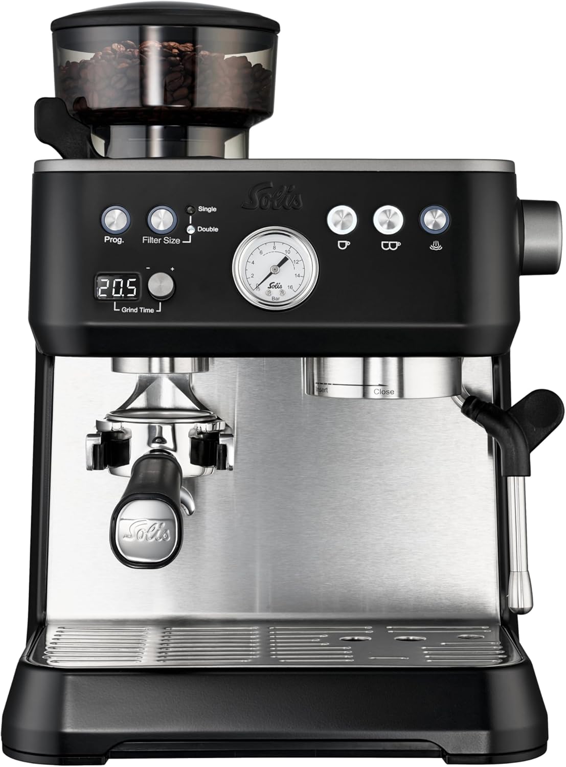 Solis Store Solis Grind & Infuse Perfetta 1019 Portafilter Machine - Coffee Machine with Grinder - Integrated Zero Static Coffee Grinder - Espresso Machine with Steam and Hot Water Function - Black