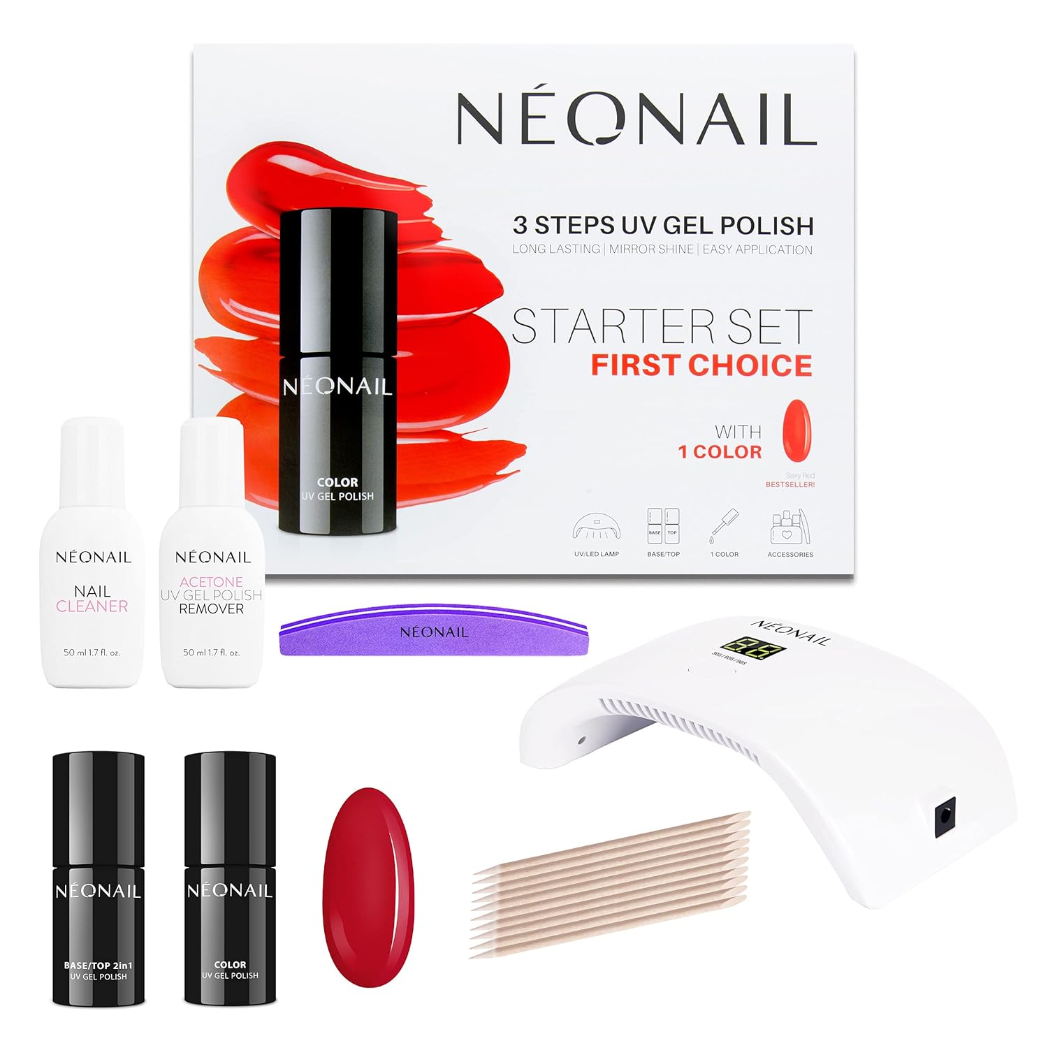 NÉONAIL First Choice Starter Set - LED UV Lamp - UV Nail Polish - Manicure Set - Top - Starter Set with Lamp - Sets - Nail Polish Set - Colors - Base - Manicure - Nail Set