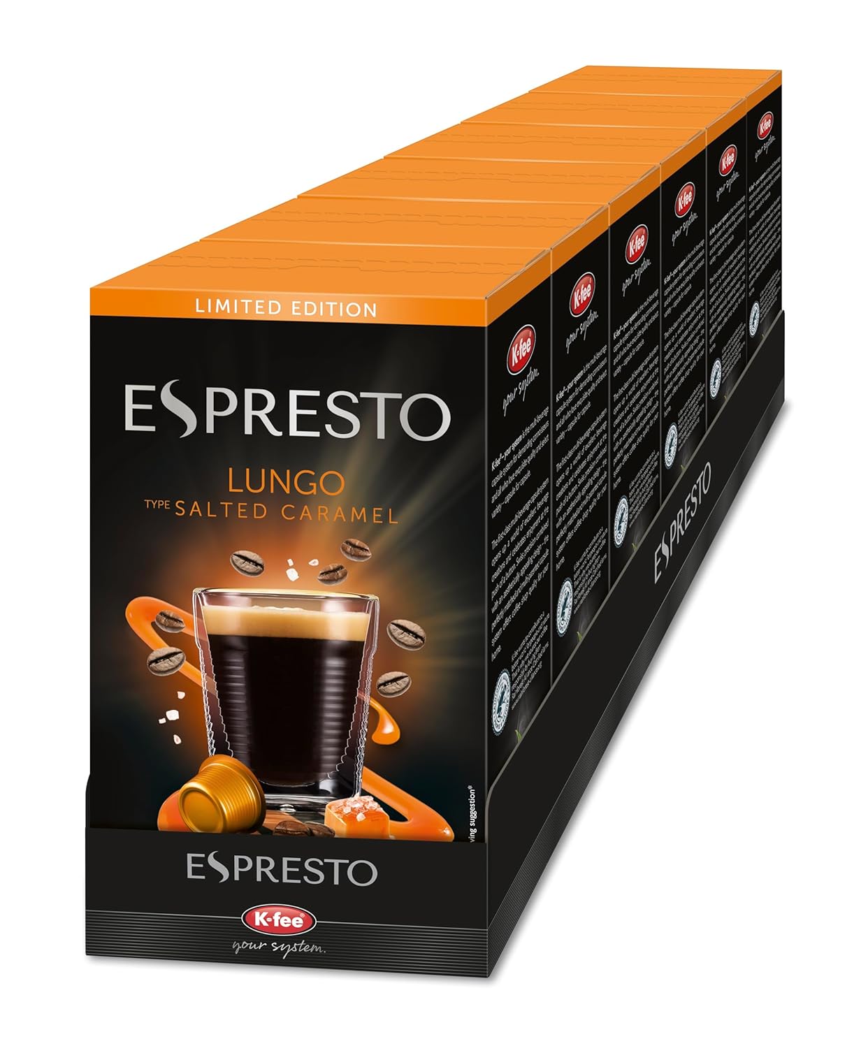 ESPRESTO Lungo Salted Caramel I Flavored Coffee Capsules I Compatible with K-fee & Aldi Expressi* I RFA Certified I 96 Capsules