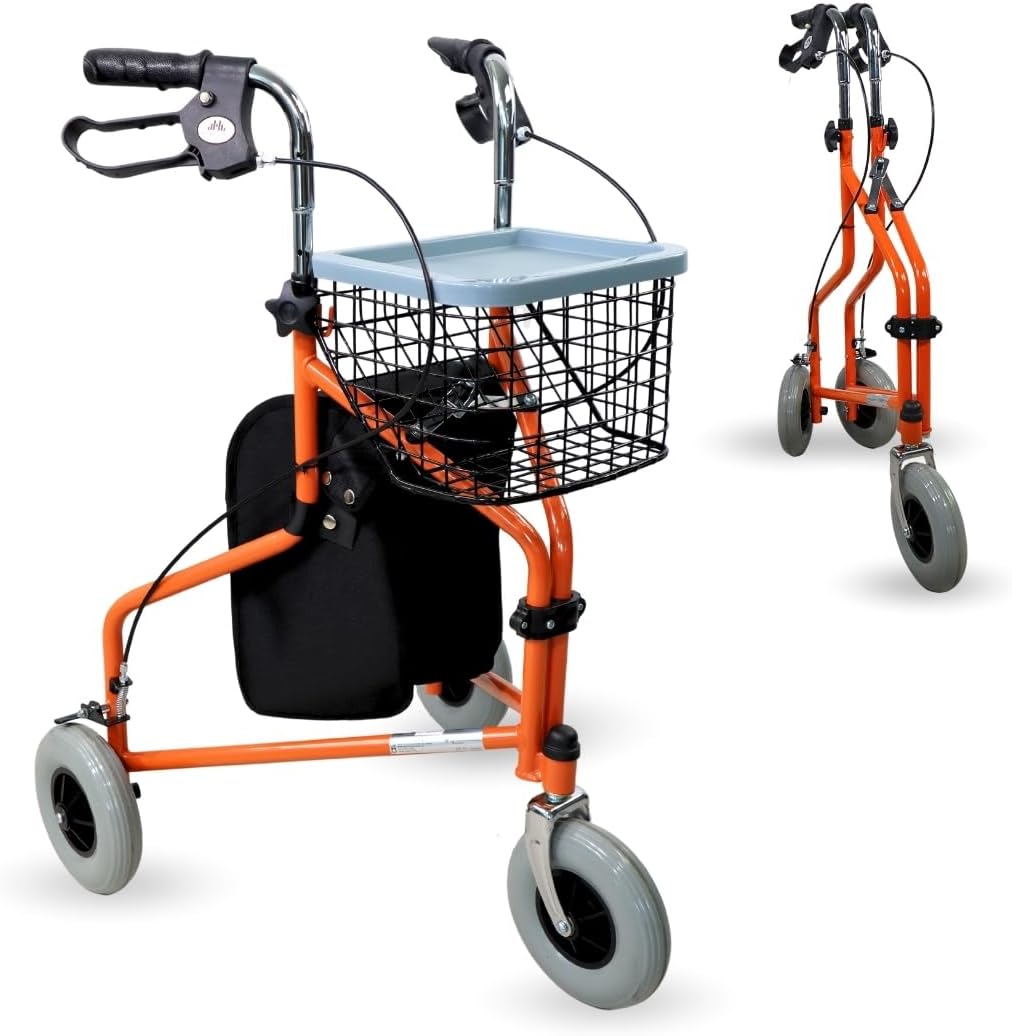 Mobiclinic, Model Caleta, Walker for Seniors and Disabled People, with 3 Wheels, Foldable Walking Aid, Steel, Adjustable, Basket, Carry Bag, Brakes on Levers, Orange
