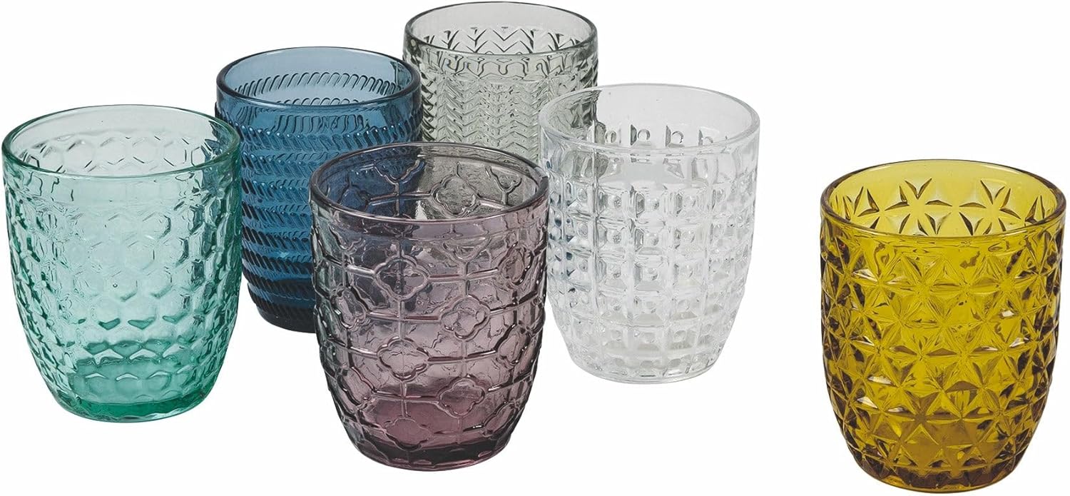 Villa d\'Este Home Tivoli Geometry Water Glasses, Colored Glass with Relief Finish, 240 ml, Pack of 6, Multi-Colour