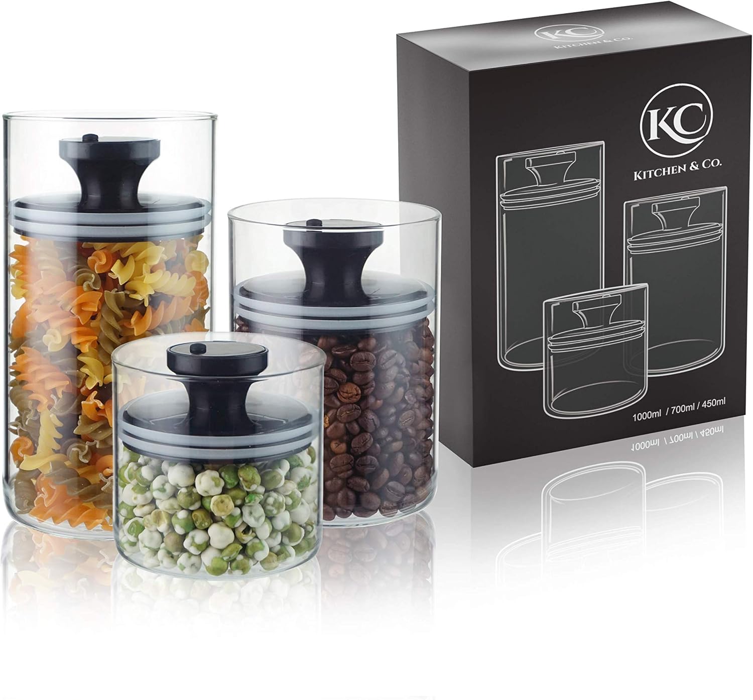KC Kitchen & Co. Kitchen&Co. Storage Jars with Vacuum Lid, Airtight Storage, Storage Container with Lid, Moth-Proof Jars, Glass Vacuum Coffee Canister, BPA-Free, Coffee Container, Borosilicate Glass Container