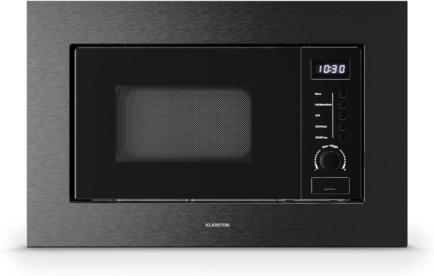 Klarstein Verosteel Built-in Microwave 60 cm with Grill - 20L, 700W Microwave & 800W Grill, 8 Programmes, Touch Control, Stainless Steel, Defrost Function, LED Interior Lighting, Black Stainless Steel