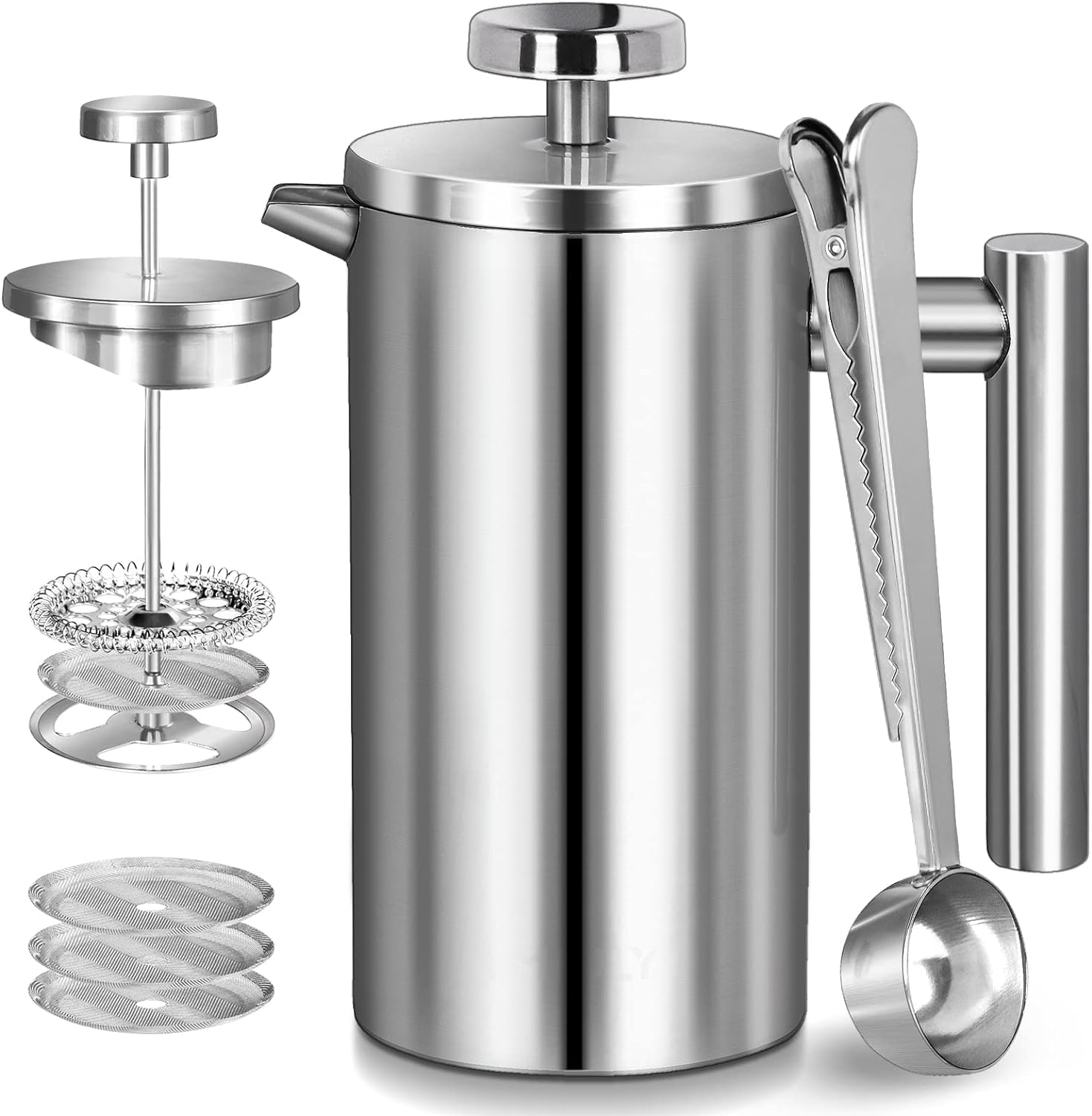 French Press Coffee Maker 1000 ml (4 Cups) Double Wall Insulated French Press, Additional 3 Filters and Spoons, Coffee French Press for Home, Camping and Office, Silver