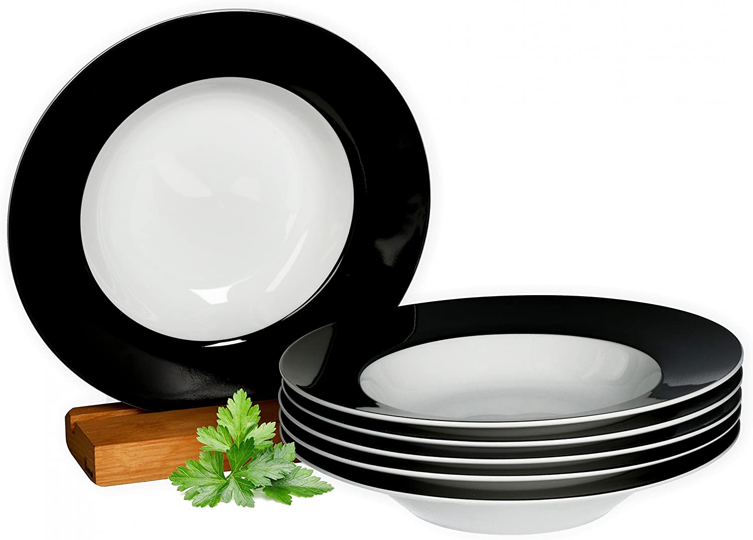 Van Well Vario Soup Plate Set 6 Pieces I Plate Service for 6 People I Deep Pasta Plate 21.5 cm I Porcelain Set White with Flower Design I Salad Plate Microwavable