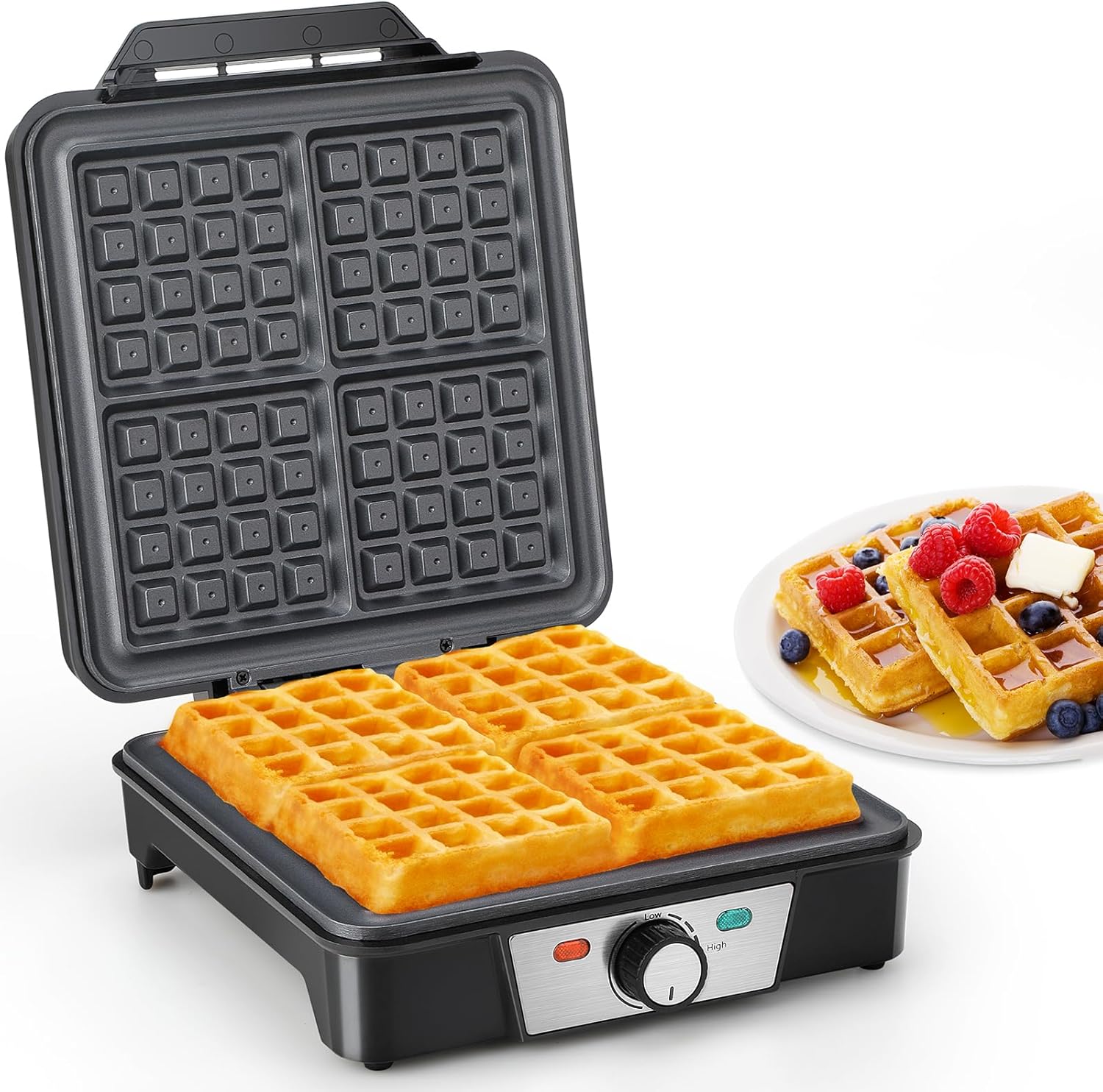 VINATO Belgian Waffle Iron for 4 Waffles, 1200 W Fast and Stable Heat, Waffle Machine with Non-Stick Coating of Heating Plates, Continuous Temperature Control