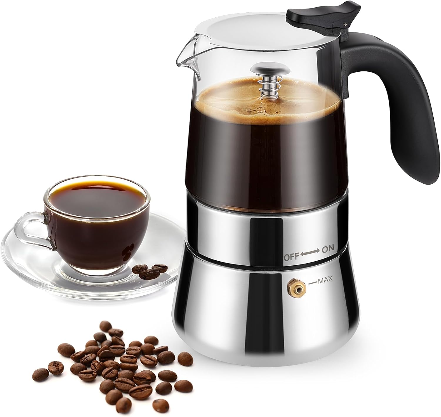 Moka Pot Portable Stovetop Espresso Maker Borosilicate Glass and Stainless Steel Percolator Coffee Maker 6 Cups (240ml)