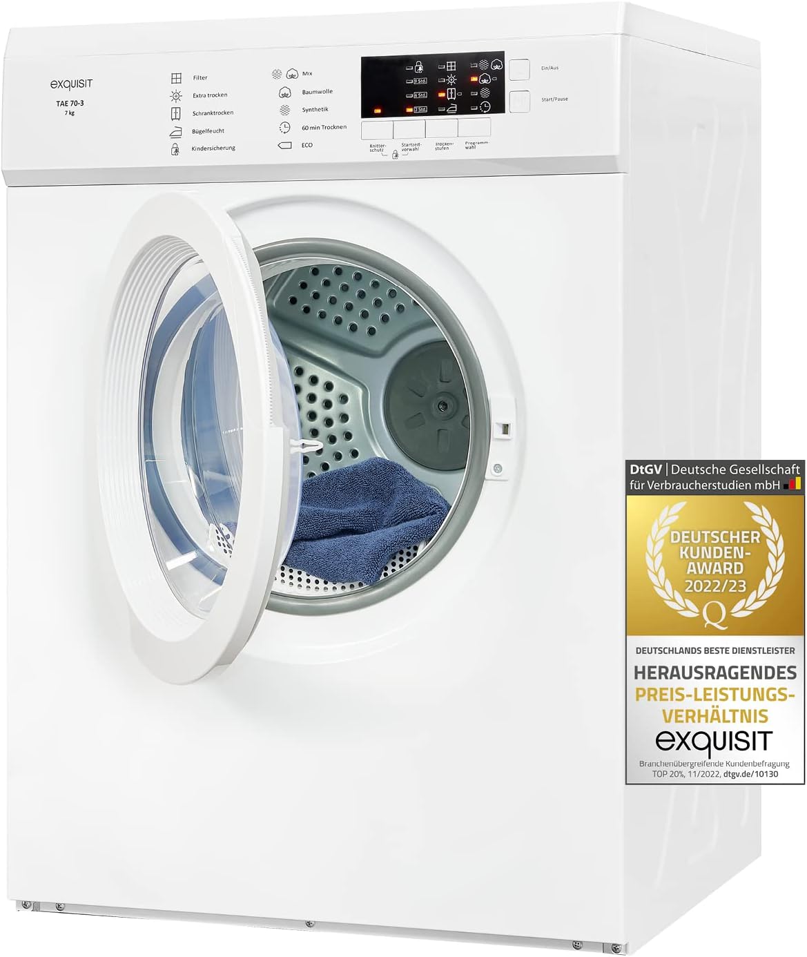 Exquisit Exhaust Dryer 7 kg, Energy Class G, Compact, 8 Programs, Delay Start, Child Lock, Lint Filter, TAE 70-3, White