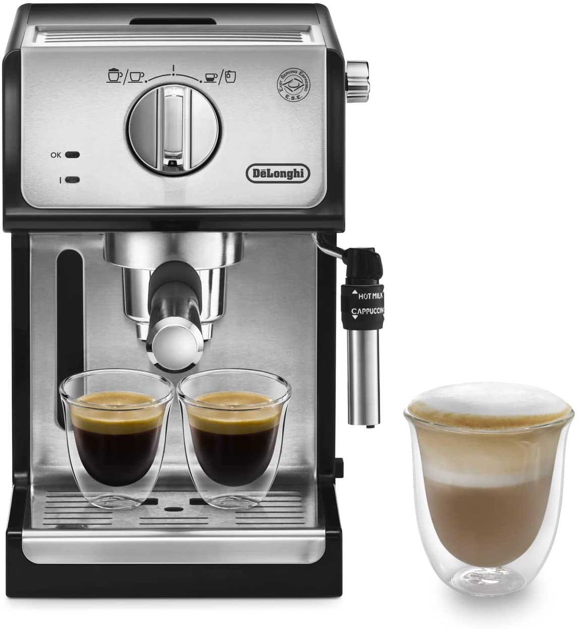 DeLonghi De\'Longhi ECP 35.31 Espresso Filter Machine / Filter Holder with Aluminium Finish / Milk Foam Nozzle / Filter Insert for 1 or 2 Espresso Cups / Also Suitable for Pods / Black and Silver