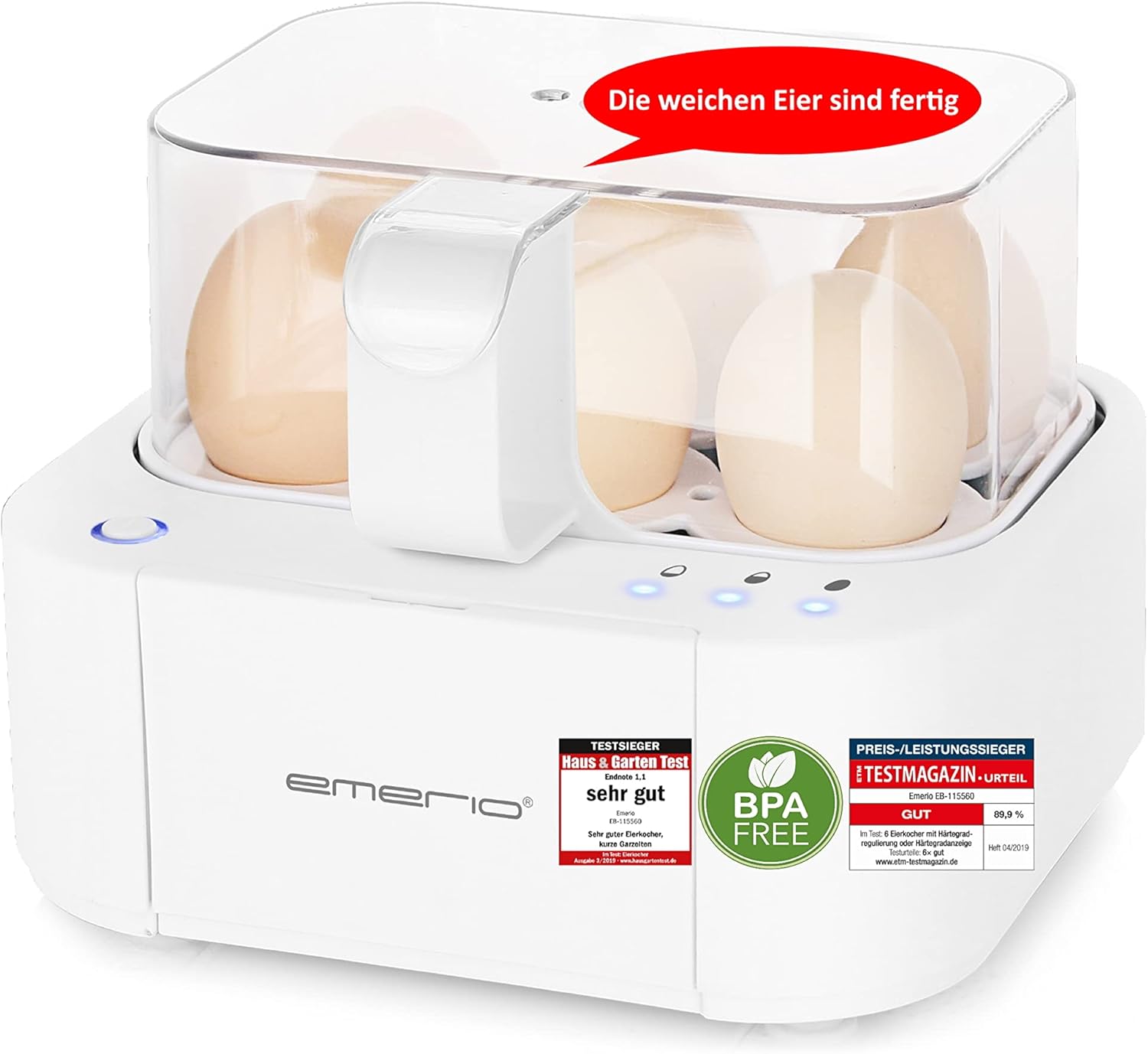 Emerio Best Egg Cooker EB-115560, Cooks All Three Cooking Levels Soft, Medium, Hard in Just One Cooking Process with Perfect Results and Voice Output, Unique in Technology and Design, Model 2022