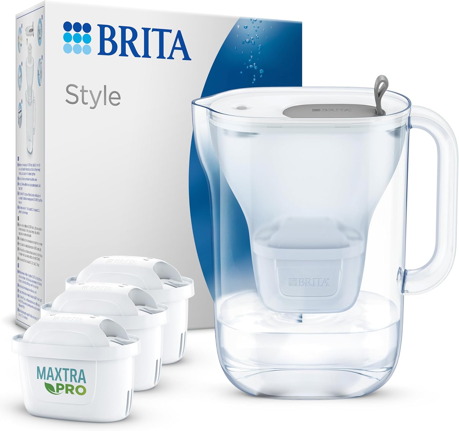 BRITA Water Filter Jug Style Light Gray (2.4 L) Includes 3 x Maxtra Pro All-in-1 Cartridge - Water Filter in Modern Design for the Fridge to Reduce Limescale, Chlorine, Metals such as Lead & Copper