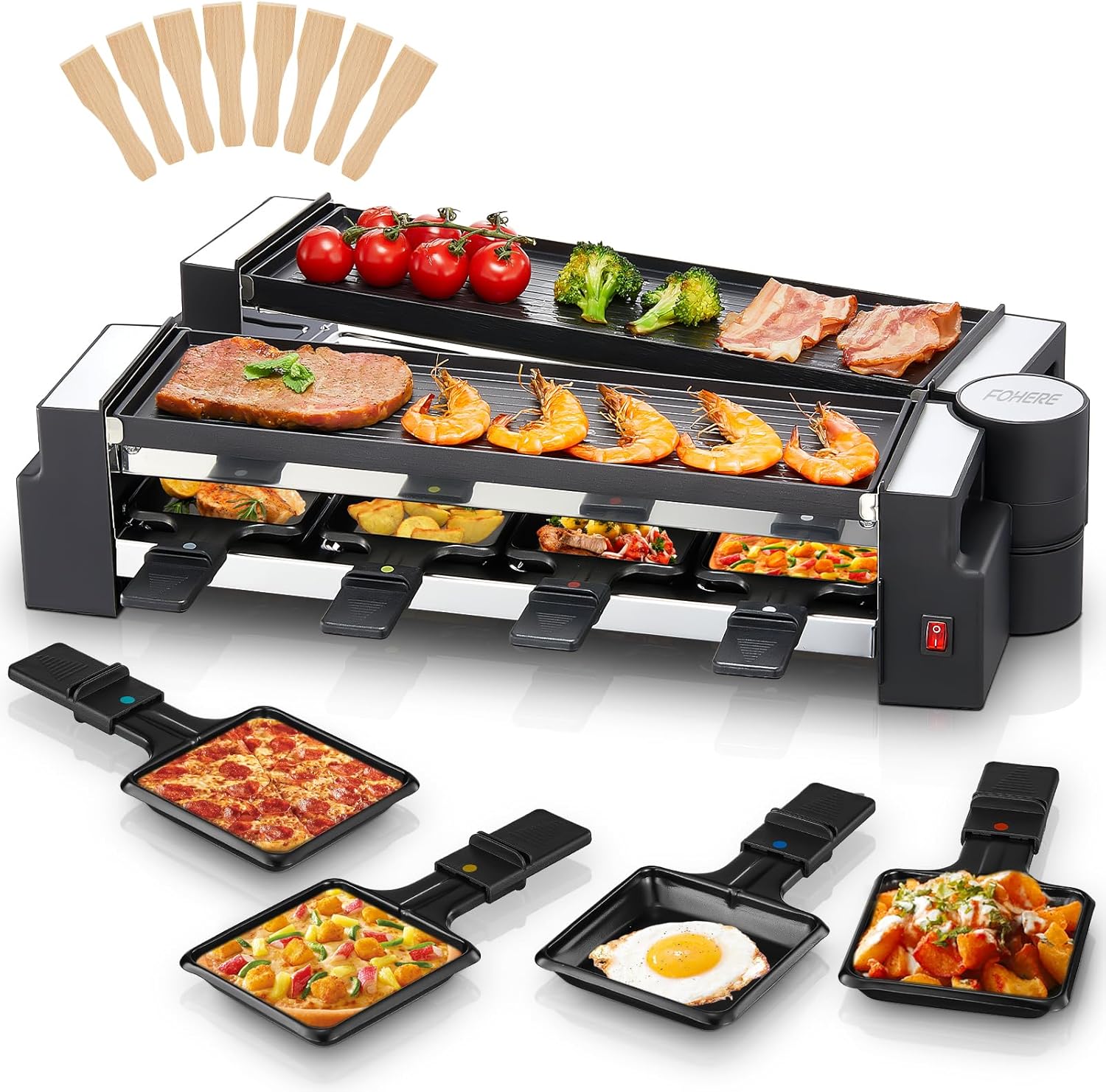 FOHERE Raclette Grill, Rotating Raclette for 8 People with Non-Stick Baking Plate and 8 Cheese Plates, 1400 W, Matte Stainless Steel, Ideal for Home and Parties