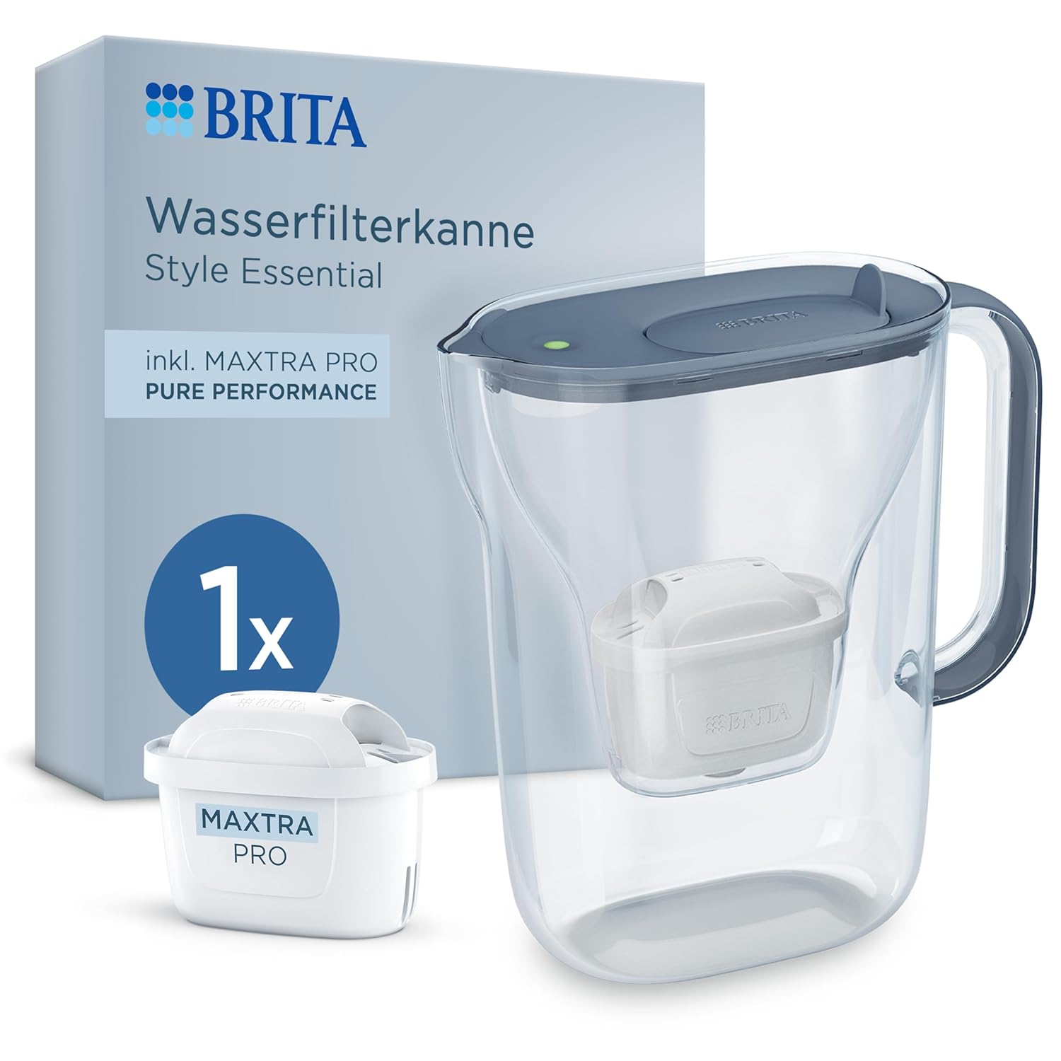 BRITA Style Essential Water Filter Jug Stone Blue (2.4 L) Including 1x BRITA Maxtra Pro Pure Performance - Jug with Smart Light LED & Folding Lid Fits in the Fridge, Filters Impurities