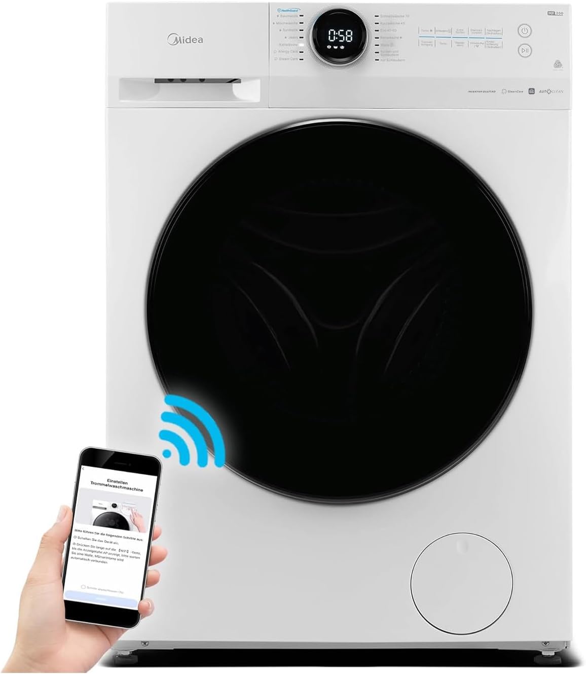 Midea Washing Machine 10 kg MF200W100WB-14A /1400 rpm/A/Quiet Inverter Motor/Water Protection System/59.5 cm Wide/Steam Care/Refill Function/App Control/AquaStop, White