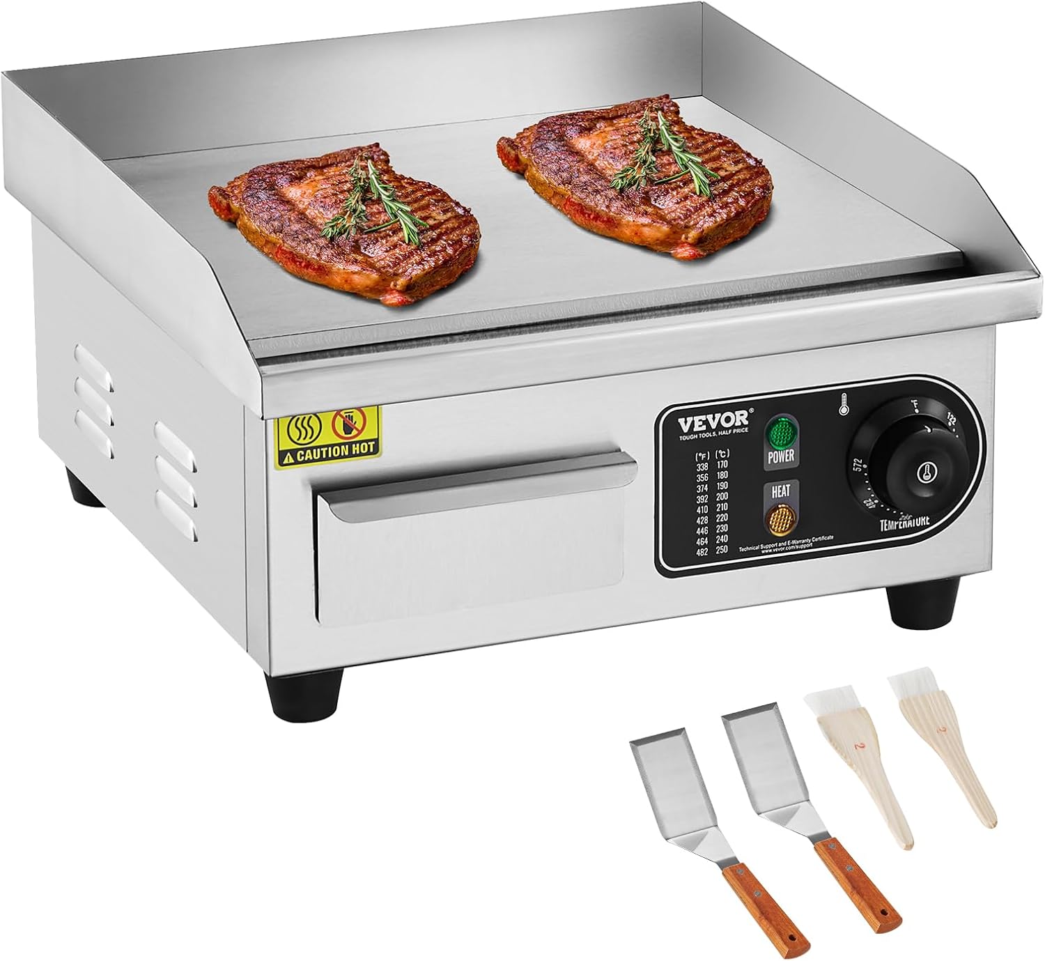 VEVOR Commercial Electric Grill, 2000W Flat Grill Plate for Countertop, Adjustable Temperature from 50-300°C, Stainless Steel Grill Plate with 2 Scoops and 2 Brushes for Restaurant