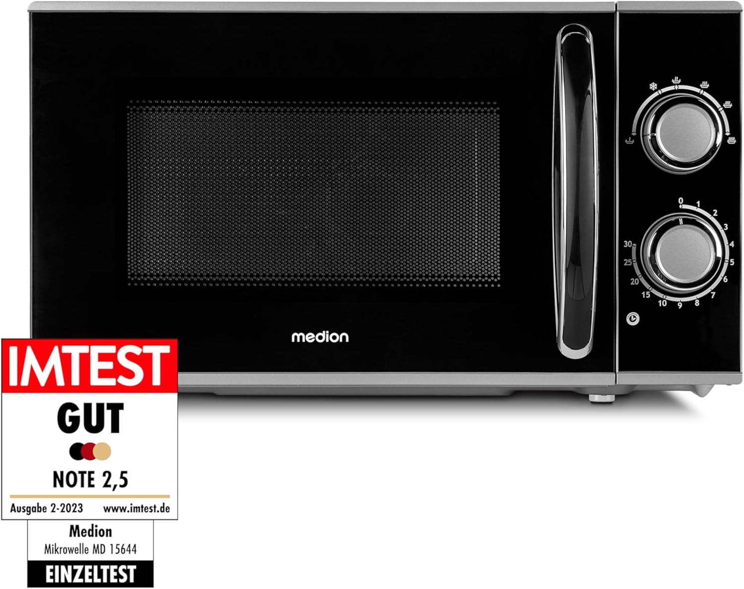 MEDION MD 15644 Microwave, Approx. 700 Watt Power, Approx. 17 Litre Capacity, 6 Levels, Defrost Function, Black/Silver