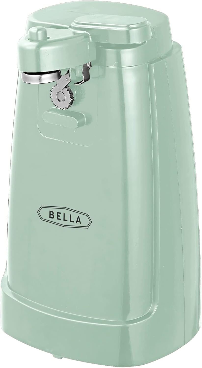 bella Electric Can Opener and Knife Sharpener, Multifunctional Jar and Bottle Opener with Removable Cutting Lever and Cable Storage, Stainless Steel Blade, Sage Green