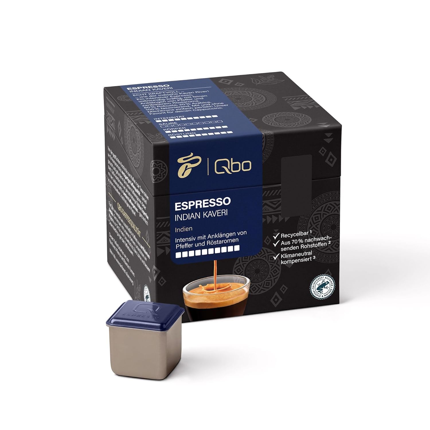 Tchibo Store Tchibo Qbo Espresso Indian Kaveri Premium Coffee Capsules, Pack of 27 (Espresso, Intensity 10/10, Intense and Peppery), Sustainable, Made from 70% Renewable Raw Materials & Climate Neutral Compensated, 400 gm