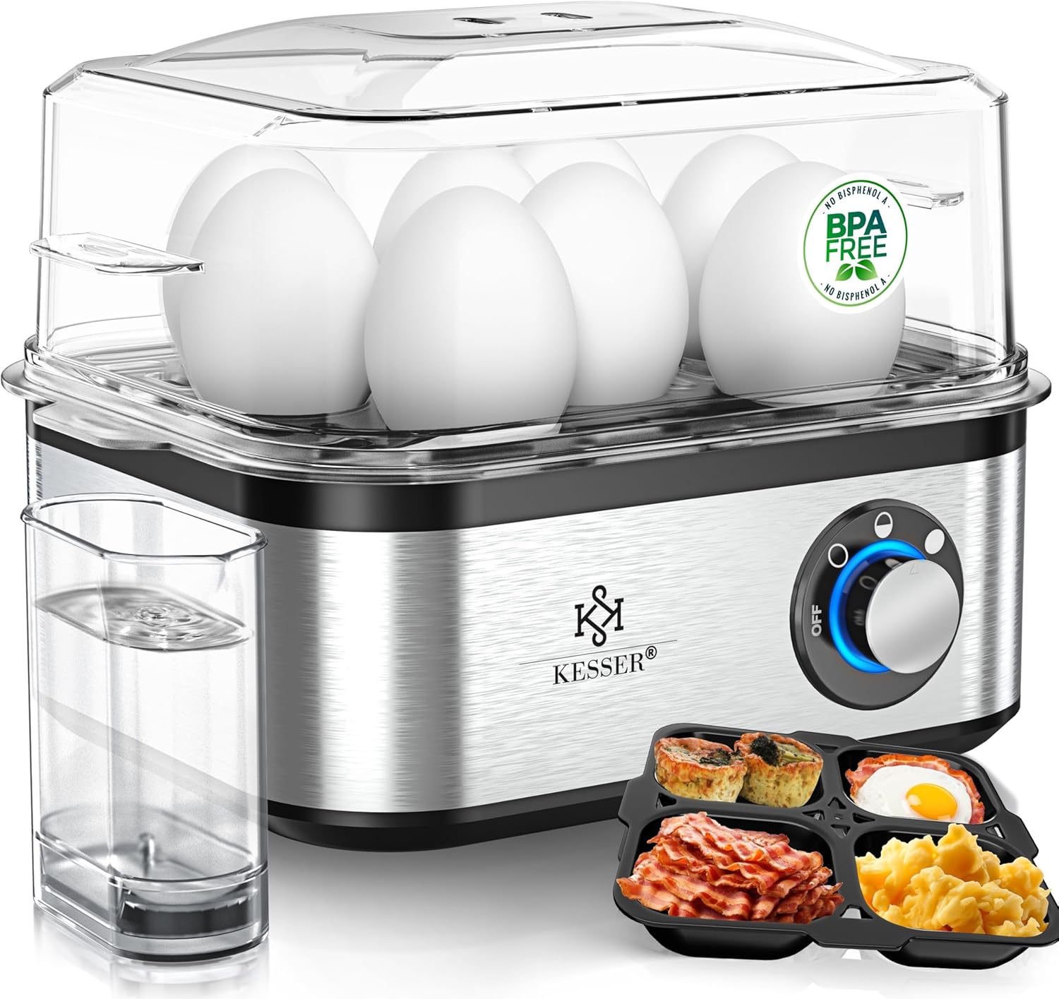 KESSER Egg Cooker for 1 to 8 Eggs Electric Stainless Steel 500 W & Keep Warm Function LED Rotary Switch Three Hardness Levels BPA Free & Dishwasher Safe Measuring Cup, Egg Holder & Omlette Bowl Silver