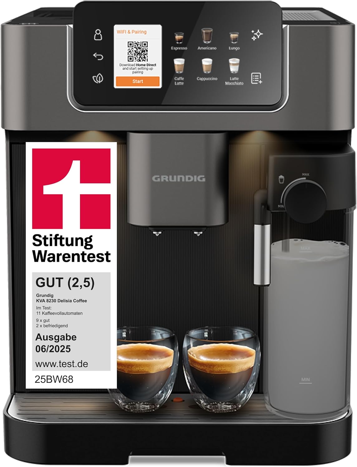 Grundig KVA 8230 Fully Automatic Coffee Machine, Stiftung Warentest GUT (2.5)*, 18 Coffee Specialities, 13 Grinding Levels, Milk Container, 1350 W, 19 Bar, Double Nozzle, Black/Dark Silver