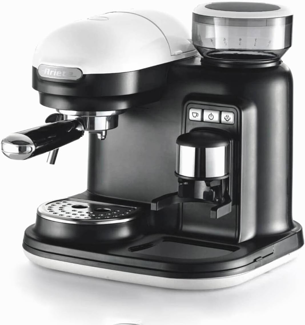 Ariete, Moderna 1318 Espresso Machine with Coffee Grinder, Authentic Coffee, Filter for 1 or 2 Cups, Maxi Cappuccino, Automatic Shut-Off, Coffee Grinder with 250 g Capacity, White