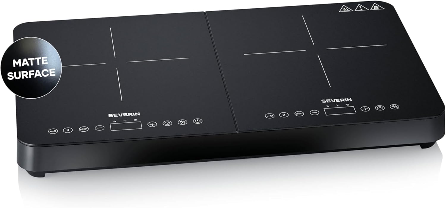 SEVERIN Store Severin DK 1028 Induction Hob, 2 Plates, 10 Power Levels, Temperature Range 60-240°C, Touch Display, Matte Hot Plates, Less Scratch-Prone, Glass Ceramic Hobs, Black, 3,400 W