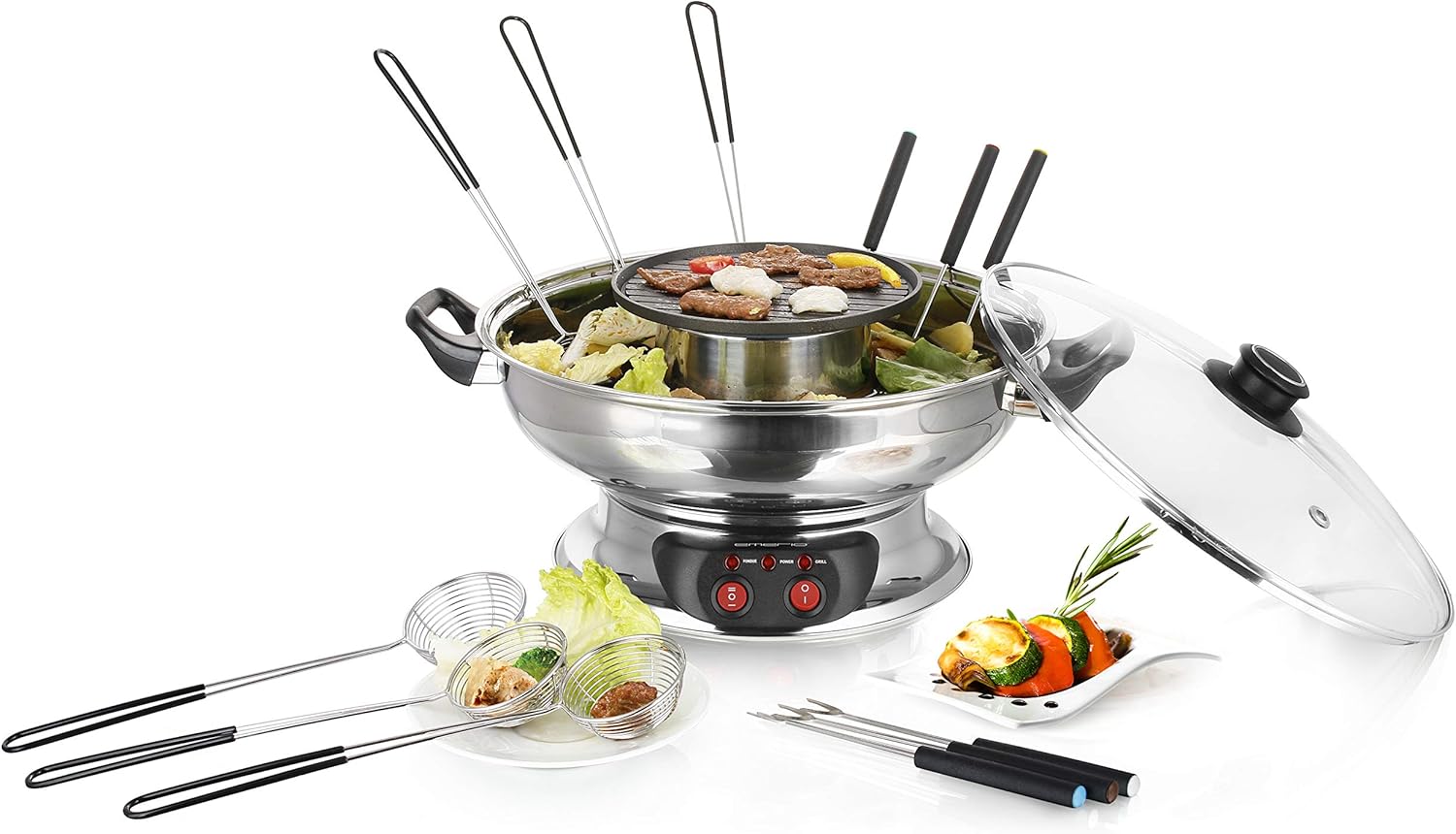 Emerio HPS-121313 Asia Broth Fondue for Fish and Vegetables, Includes Grill Plate and Glass Lid, 4L Capacity, 2 Heat Settings Electric Hot Pot Set, Stainless Steel