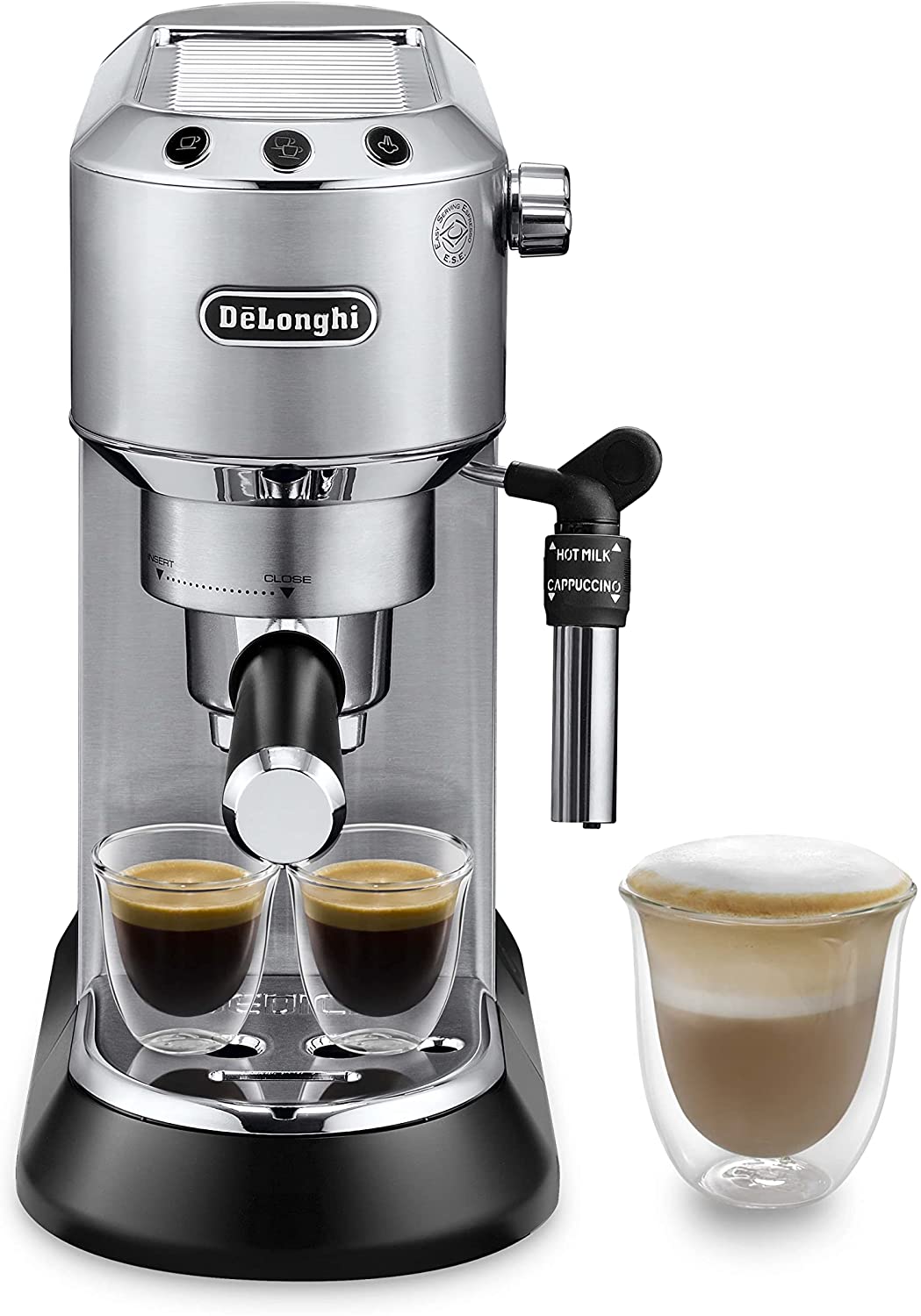 DeLonghi De\'Longhi Dedica Style EC 685.M Espresso Filter Holder Espresso Machine with Professional Milk Foam Nozzle 15 cm Wide 1 Litre Water Tank Full Metal Casing E.S.E Pads Silver