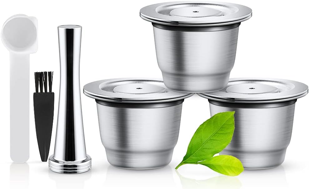 Coffee Capsules Reusable Stainless Steel Compatible with Nes Presso, Pack of 3 Refillable Pads for Nes Presso + 1 Tamper + 1 Spoon + 1 Brush + Set of 3 Replacement Silicone O Rings for Capsules