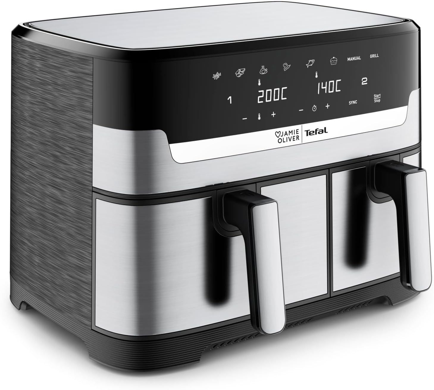 Jamie Oliver by Tefal Dual Drawer Hot Air Fryer, Double Chamber, 2 Independent Cooking Zones, 8 Automatic Programs, 8.3 L Total Capacity, Black/Stainless Steel, EY90JDE1