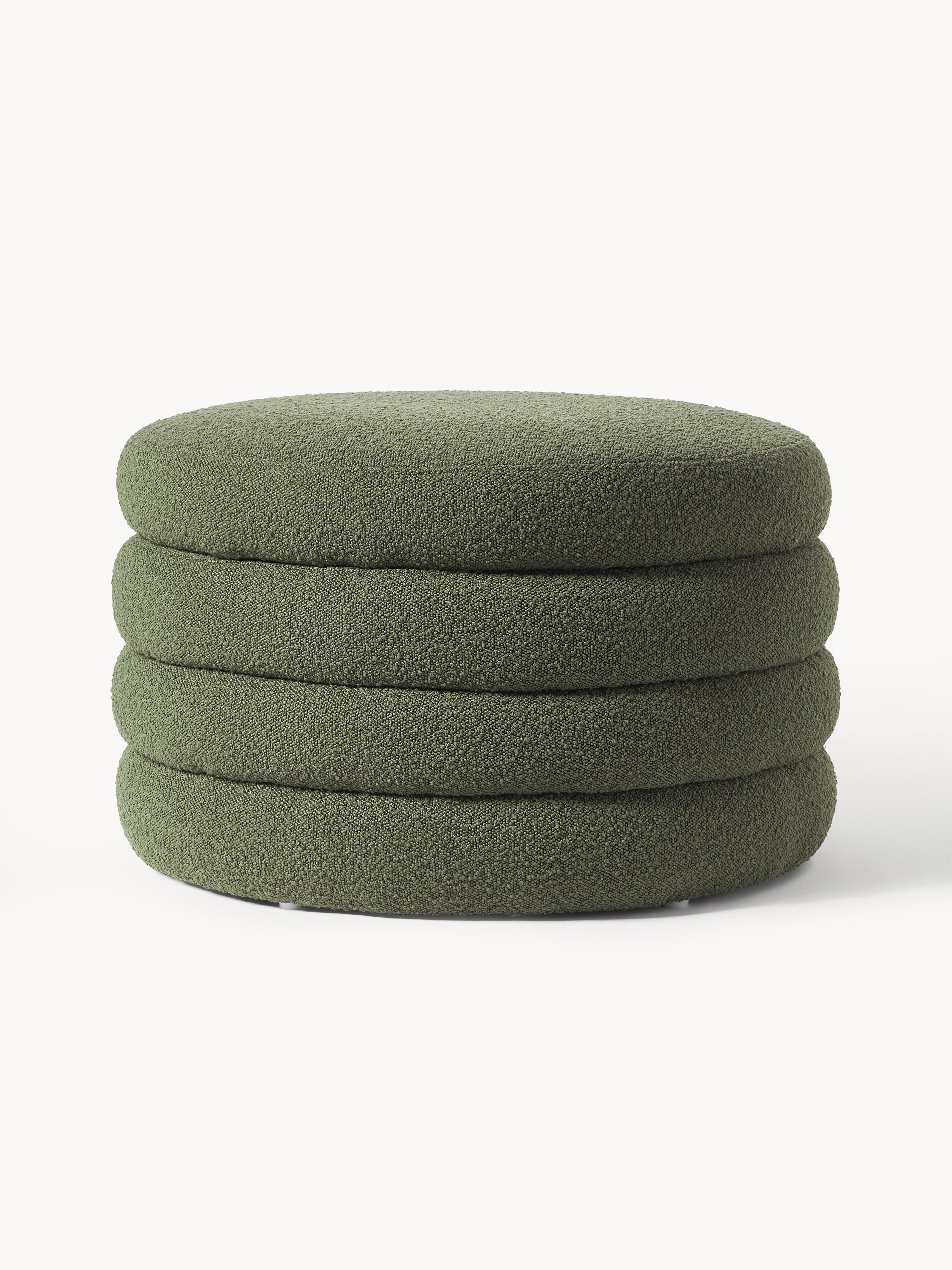 Westwing Collection XL Bouclé upholstered stool Alto with storage space, Bouclé Dark Green