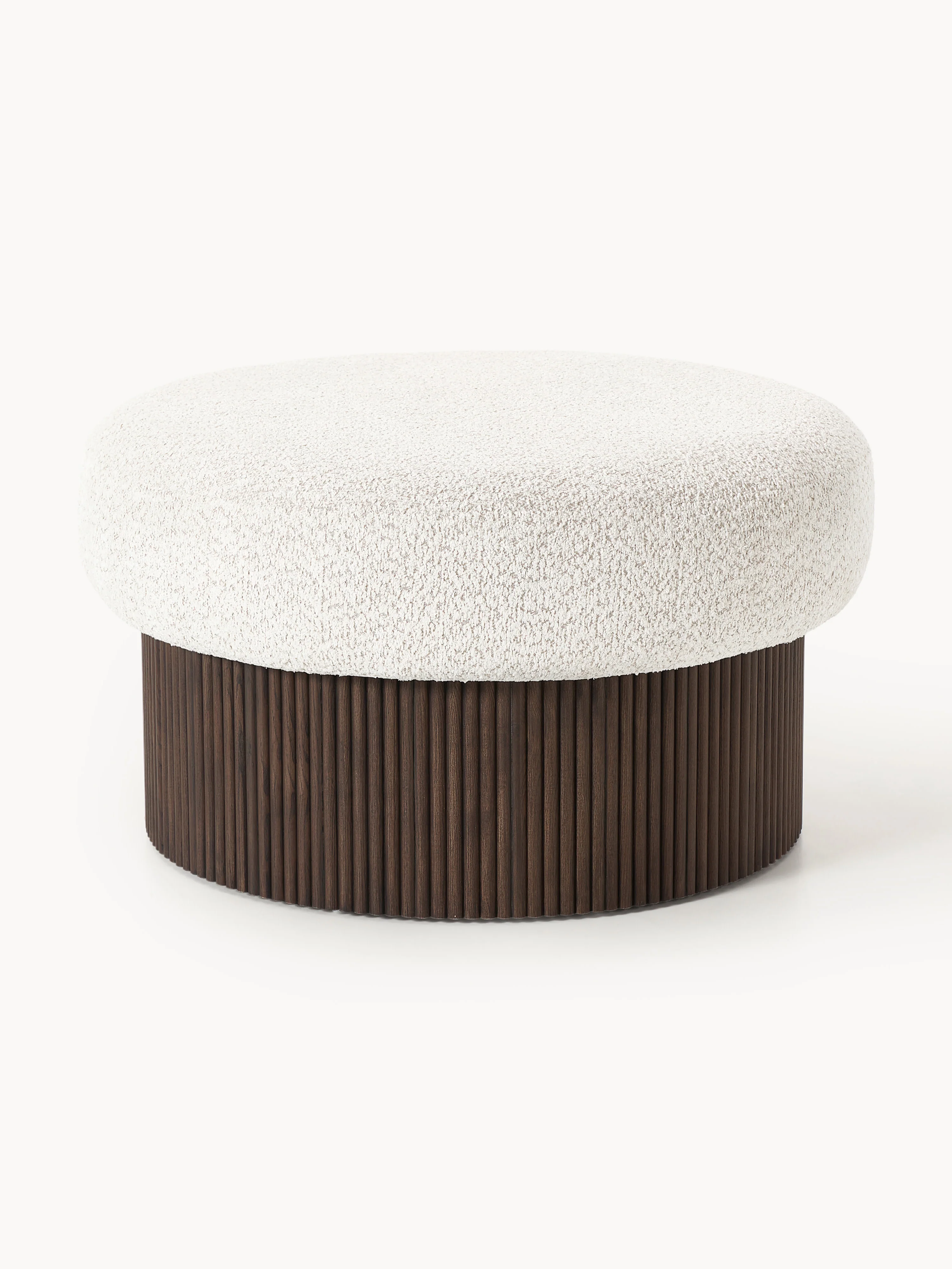 Westwing Collection XL ottoman Nala with storage space made of teddy bouclé, Woven fabric off-white, dark ash wood