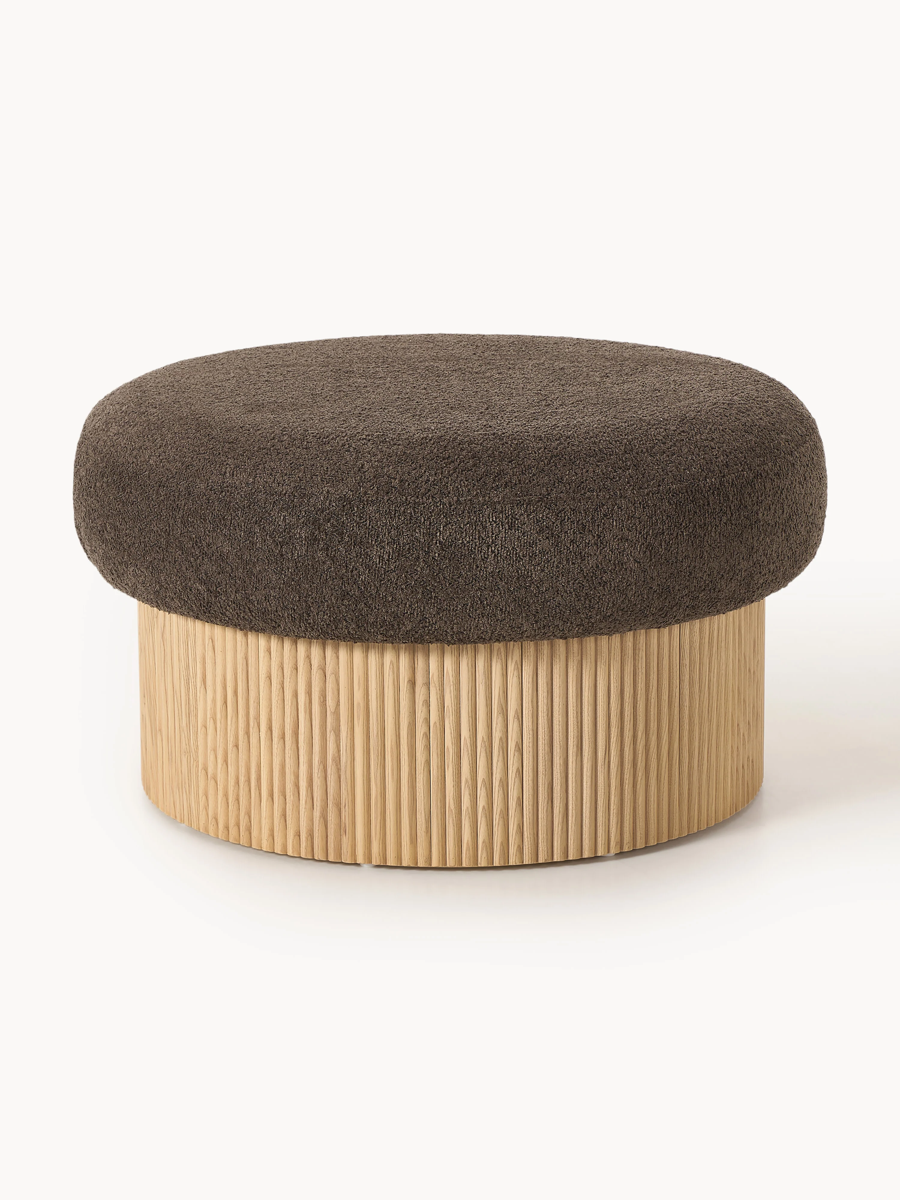Westwing Collection XL ottoman Nala with storage space made of teddy bouclé, Woven fabric dark brown, light ash wood