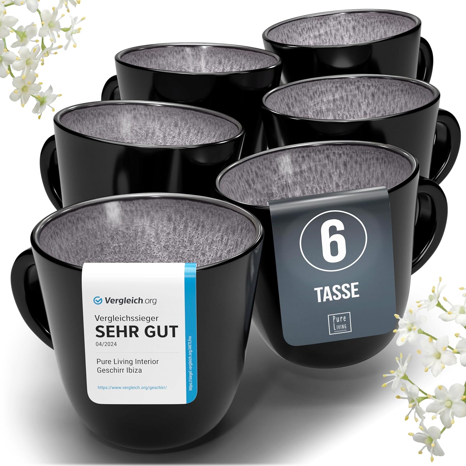 Pure Living Ibiza Stoneware Coffee Cups for 6 People, Mediterranean Cup Set, ‘Very Good’ in Test, Dishwasher and Microwave-Safe, Scratch-Resistant, Stylish Set of Tea and Coffee Cups, Gray