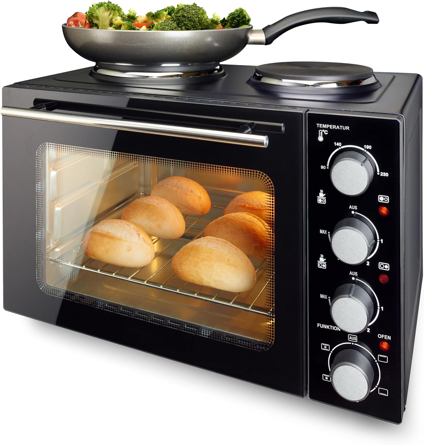 EMERIO MO-125236.4 Oven with 32 Liters + 2 Hobs | Convection + Top/Bottom Heat | Timer + Temperature Controller | Includes Baking Tray & Grill Rack | Compact Table Oven for Pizza, Rolls, Casseroles